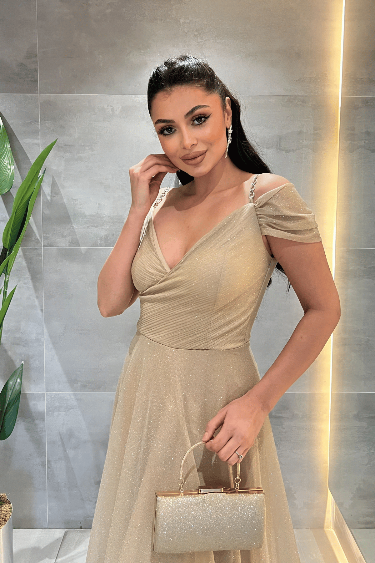 Simli Kumaş Kayık Yaka Abiye Elbise - GOLD