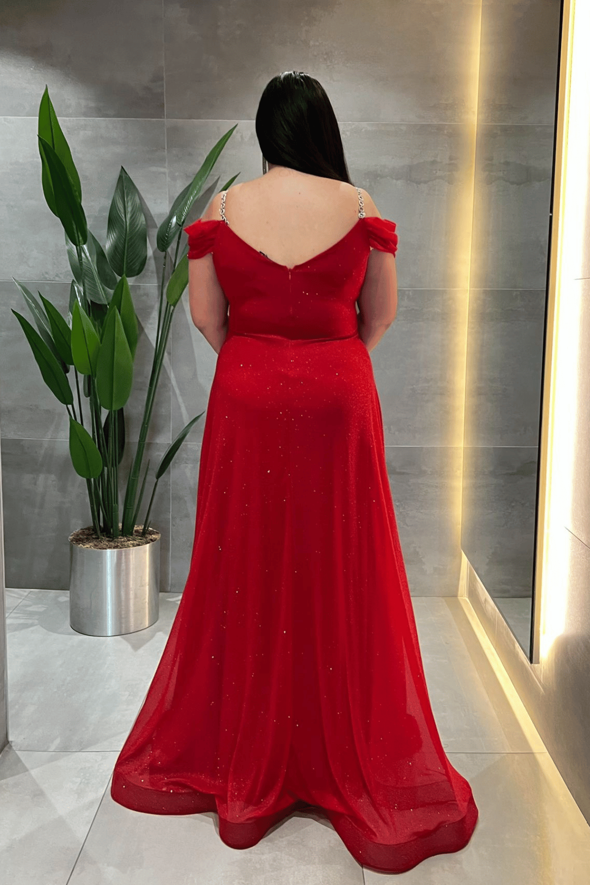 Simli Kumaş Kayık Yaka Abiye Elbise - KIRMIZI