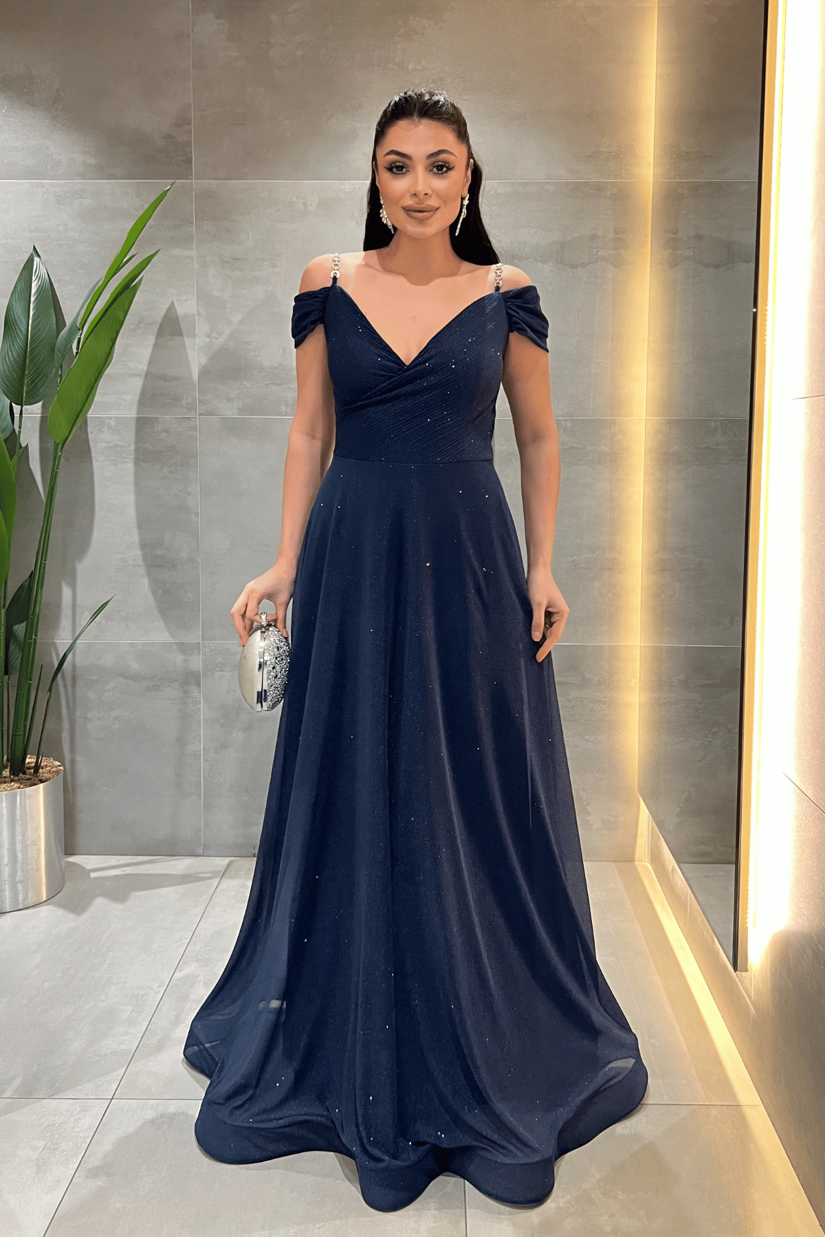 Simli Kumaş Kayık Yaka Abiye Elbise - LACİVERT