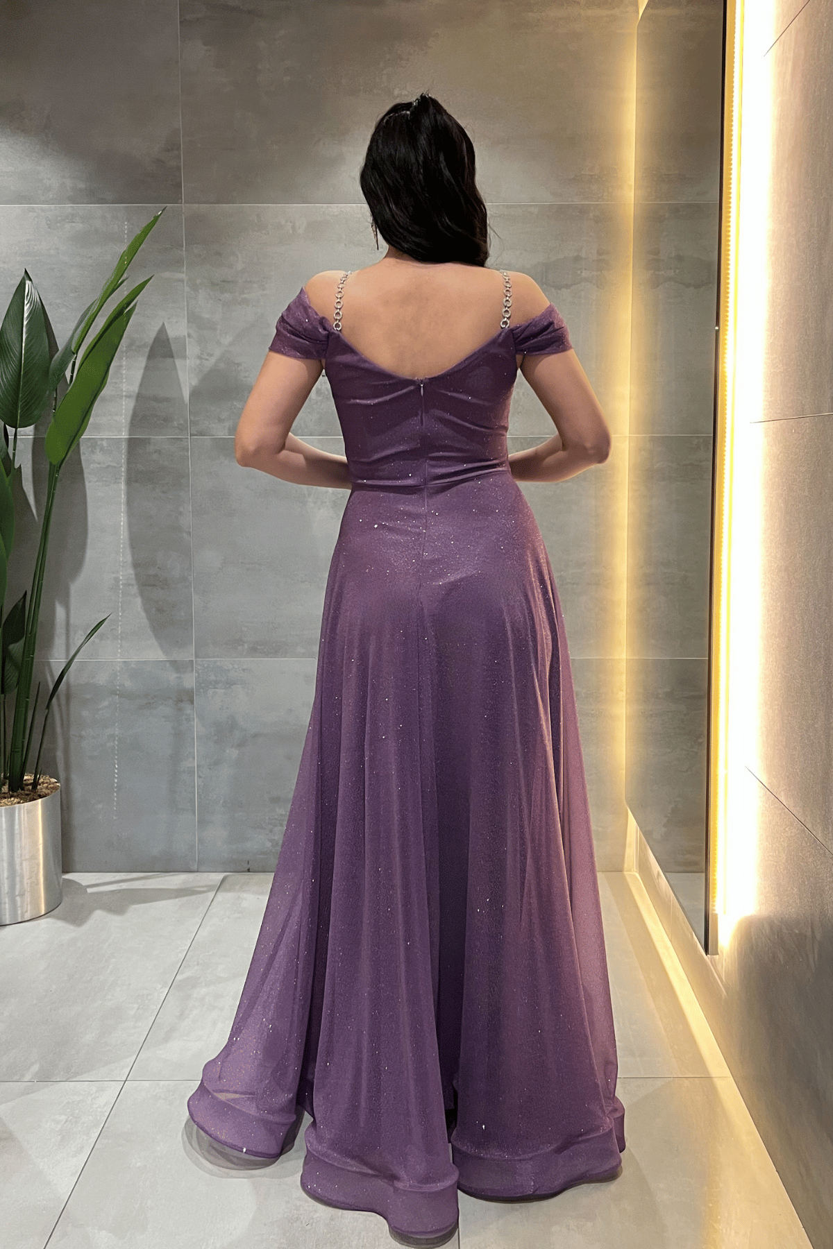 Simli Kumaş Kayık Yaka Abiye Elbise - MOR