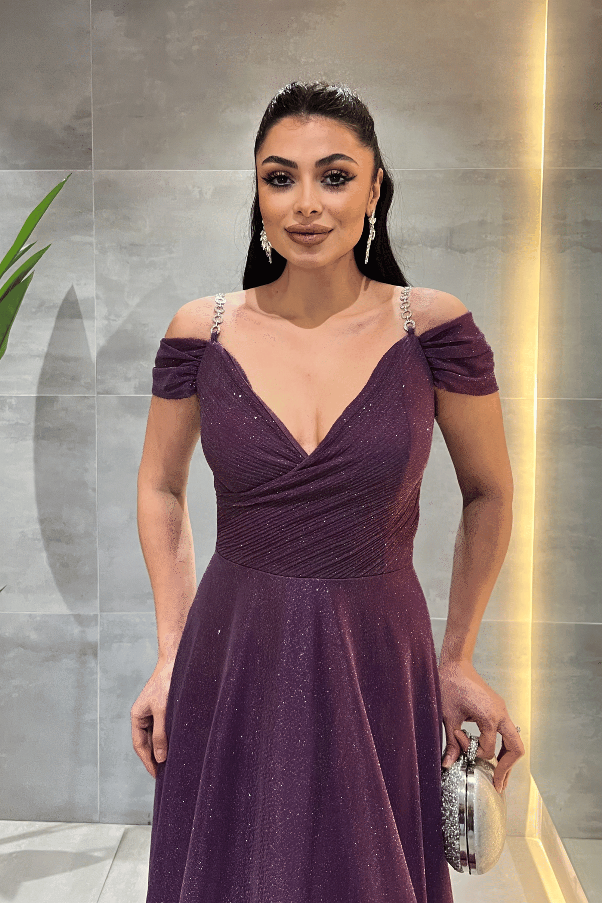 Simli Kumaş Kayık Yaka Abiye Elbise - PATLICAN MOR