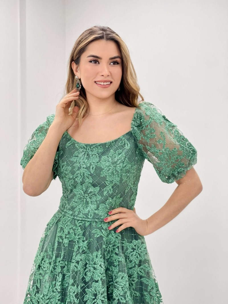 Simli Kumaş Kayık Yaka Elbise - MİNT YEŞİL