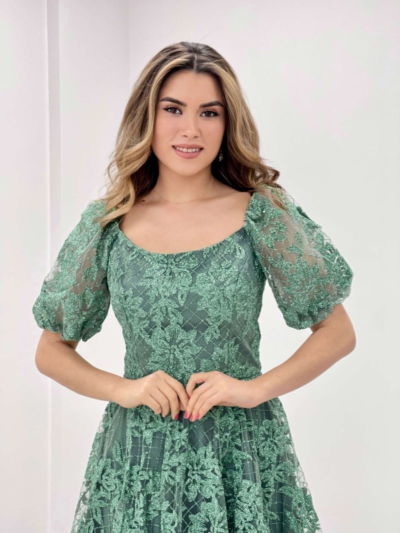 Simli Kumaş Kayık Yaka Elbise - MİNT YEŞİL