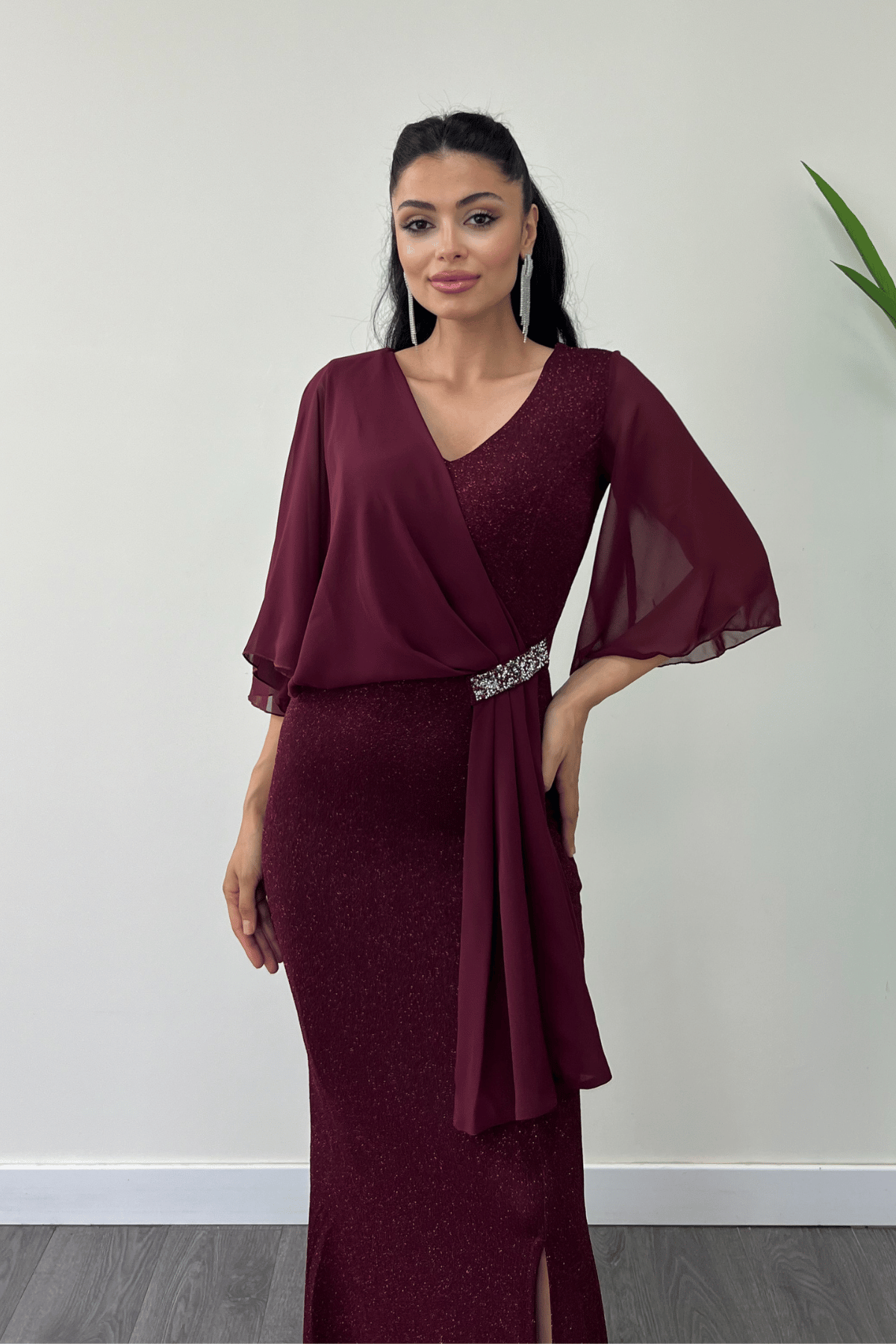 Simli Kumaş Şifon Şal Detaylı Abiye Elbise - BORDO