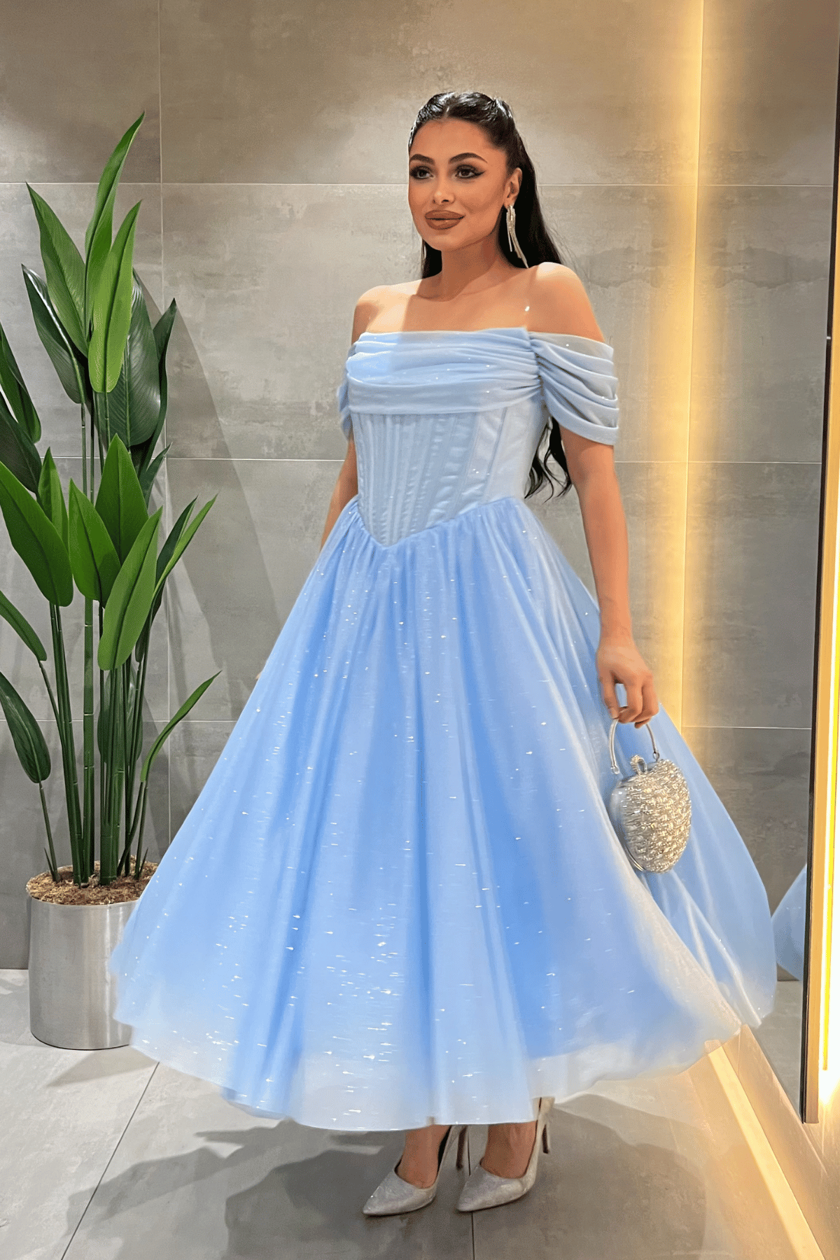 Simli Tül Kumaş Balen Detaylı Prenses Elbise - BEBE MAVİSİ