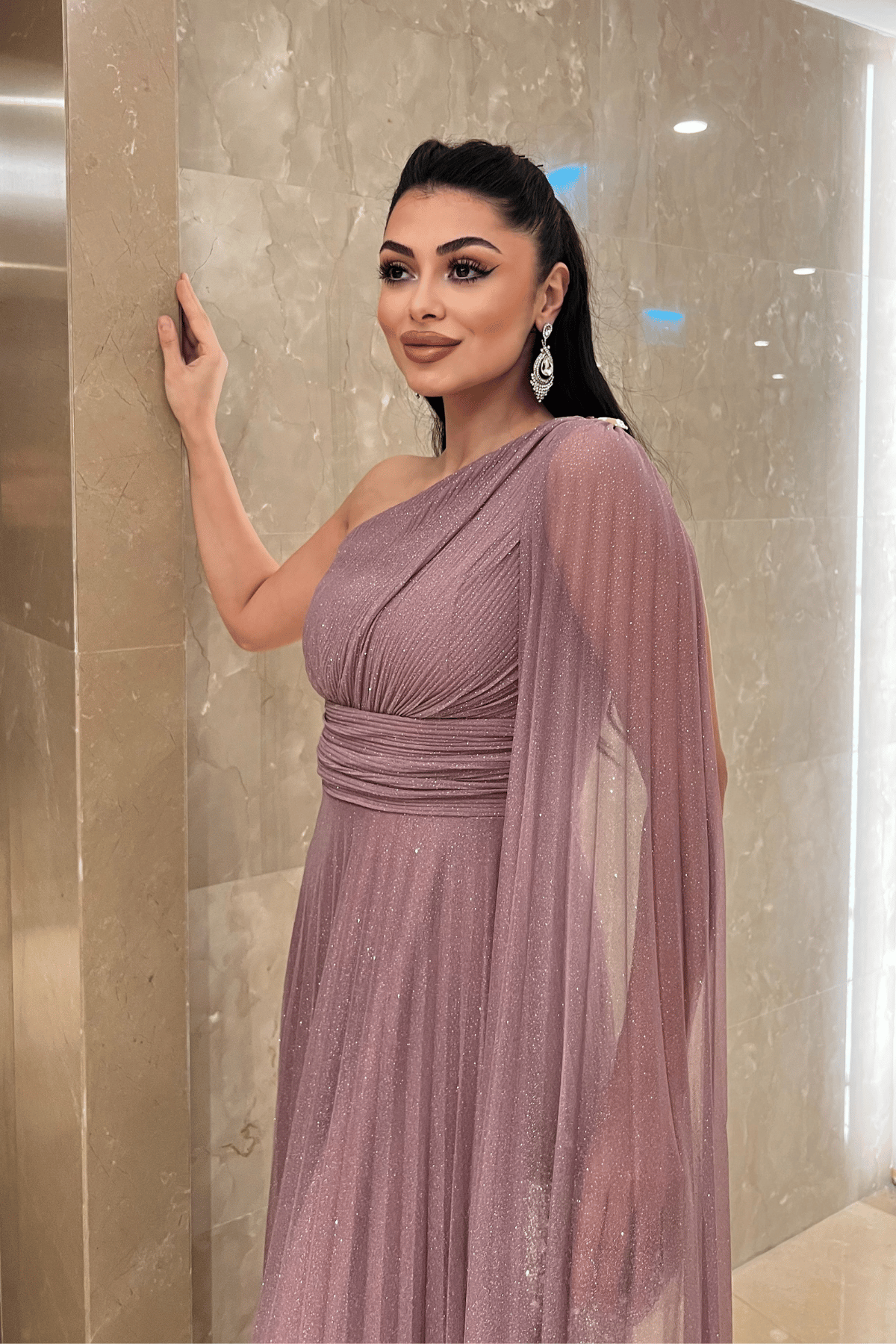 Simli Tül Kumaş Plise Detaylı Abiye Elbise - GÜL KURUSU