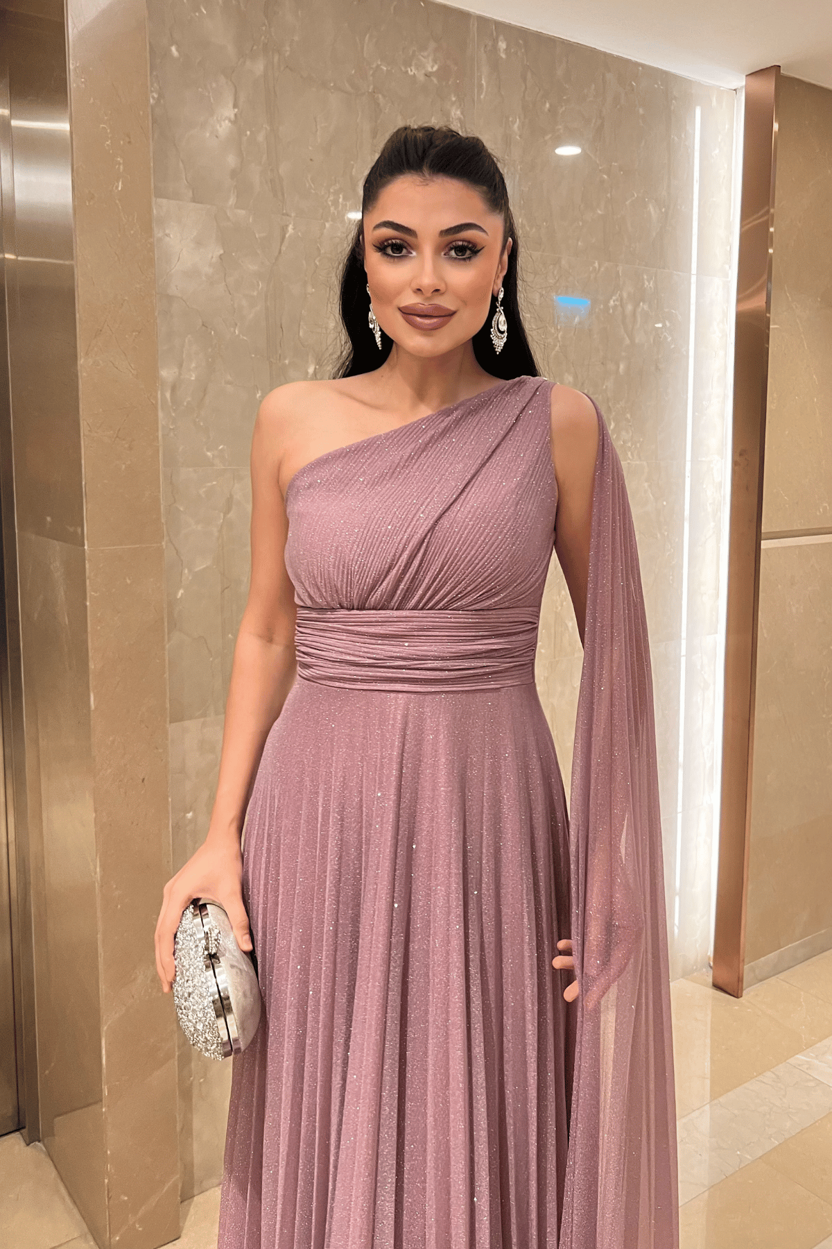 Simli Tül Kumaş Plise Detaylı Abiye Elbise - GÜL KURUSU