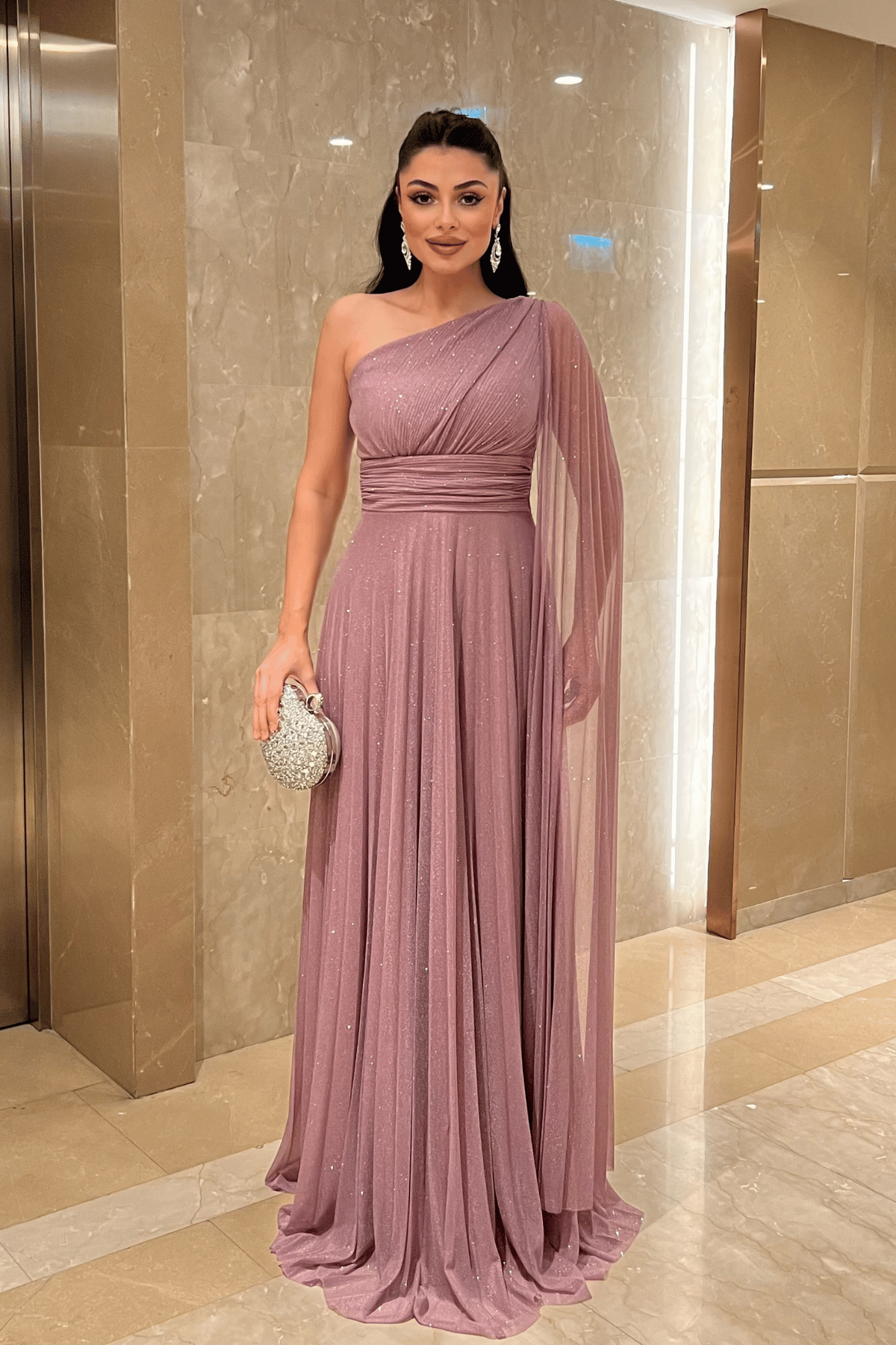 Simli Tül Kumaş Plise Detaylı Abiye Elbise - GÜL KURUSU