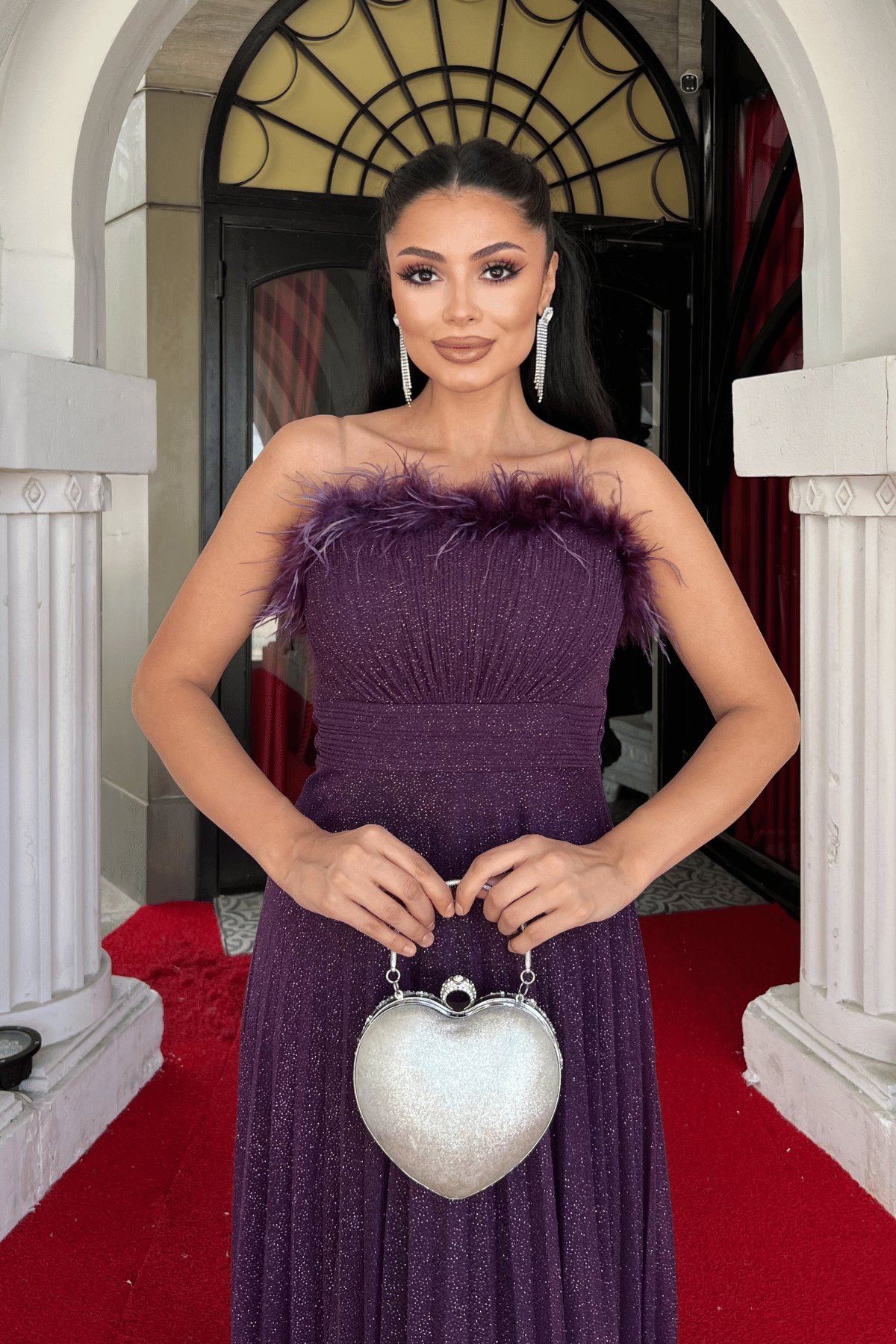 Simli Tül Kumaş Yaka Otriş Plise Detaylı Abiye Elbise - PATLICAN MOR