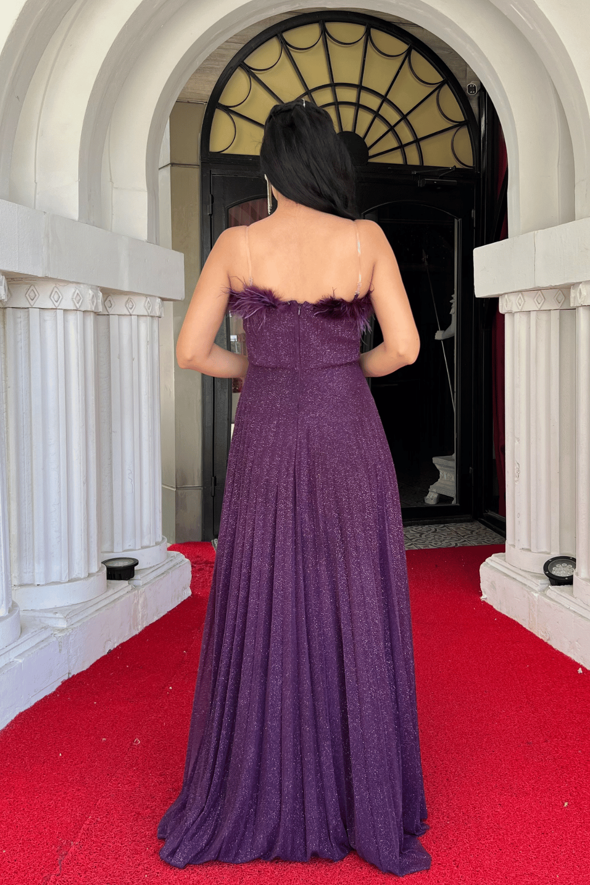 Simli Tül Kumaş Yaka Otriş Plise Detaylı Abiye Elbise - PATLICAN MOR