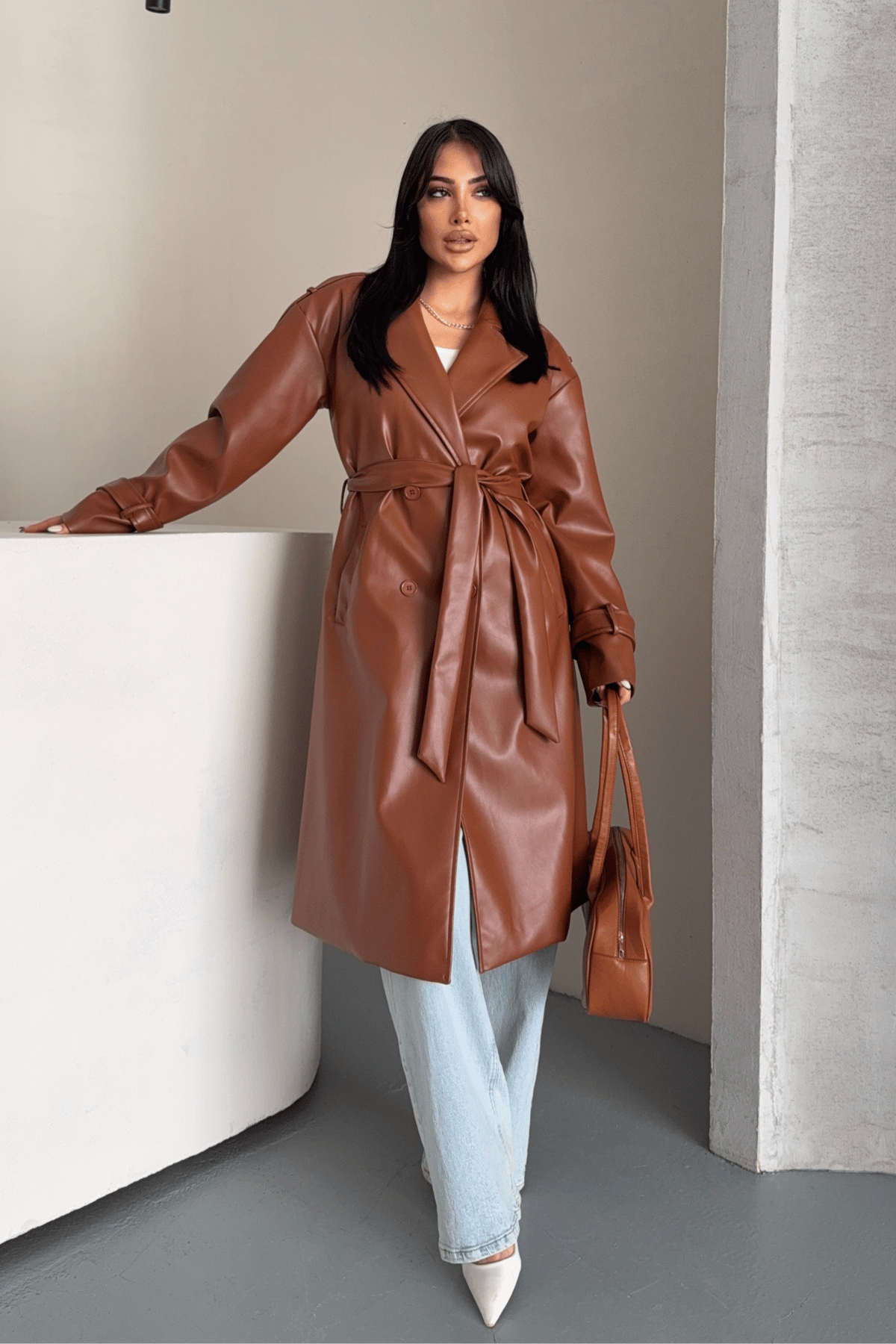 Suni Deri Kumaş Kısa Ceket - AÇIK KAHVE