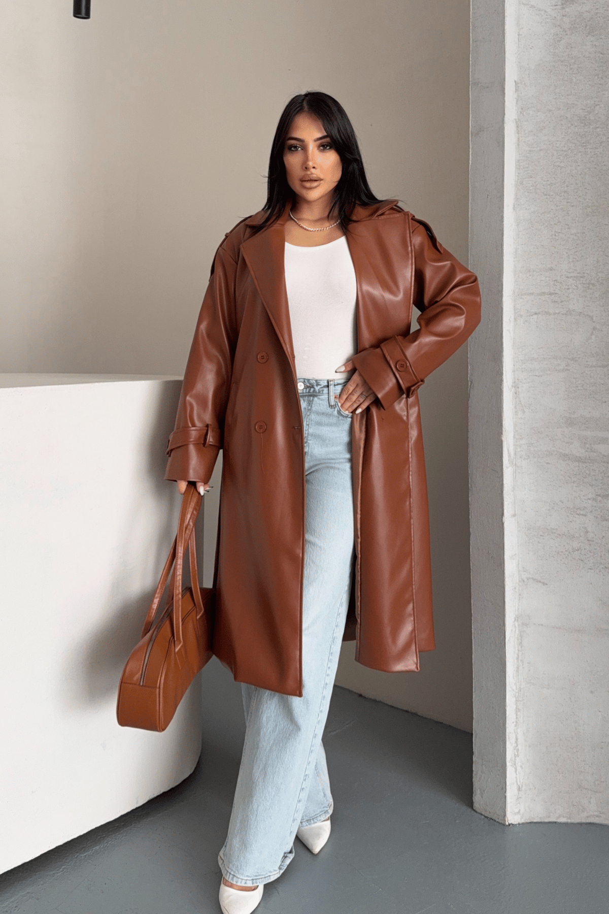 Suni Deri Kumaş Kısa Ceket - AÇIK KAHVE