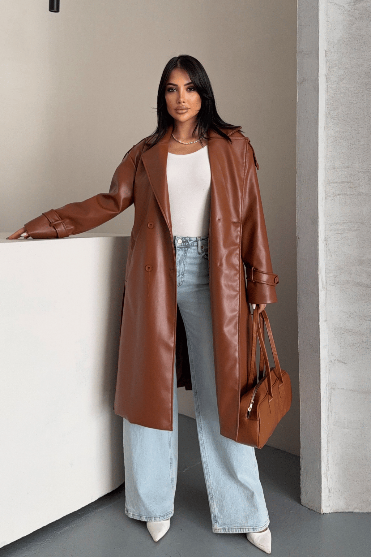 Suni Deri Kumaş Kısa Ceket - AÇIK KAHVE