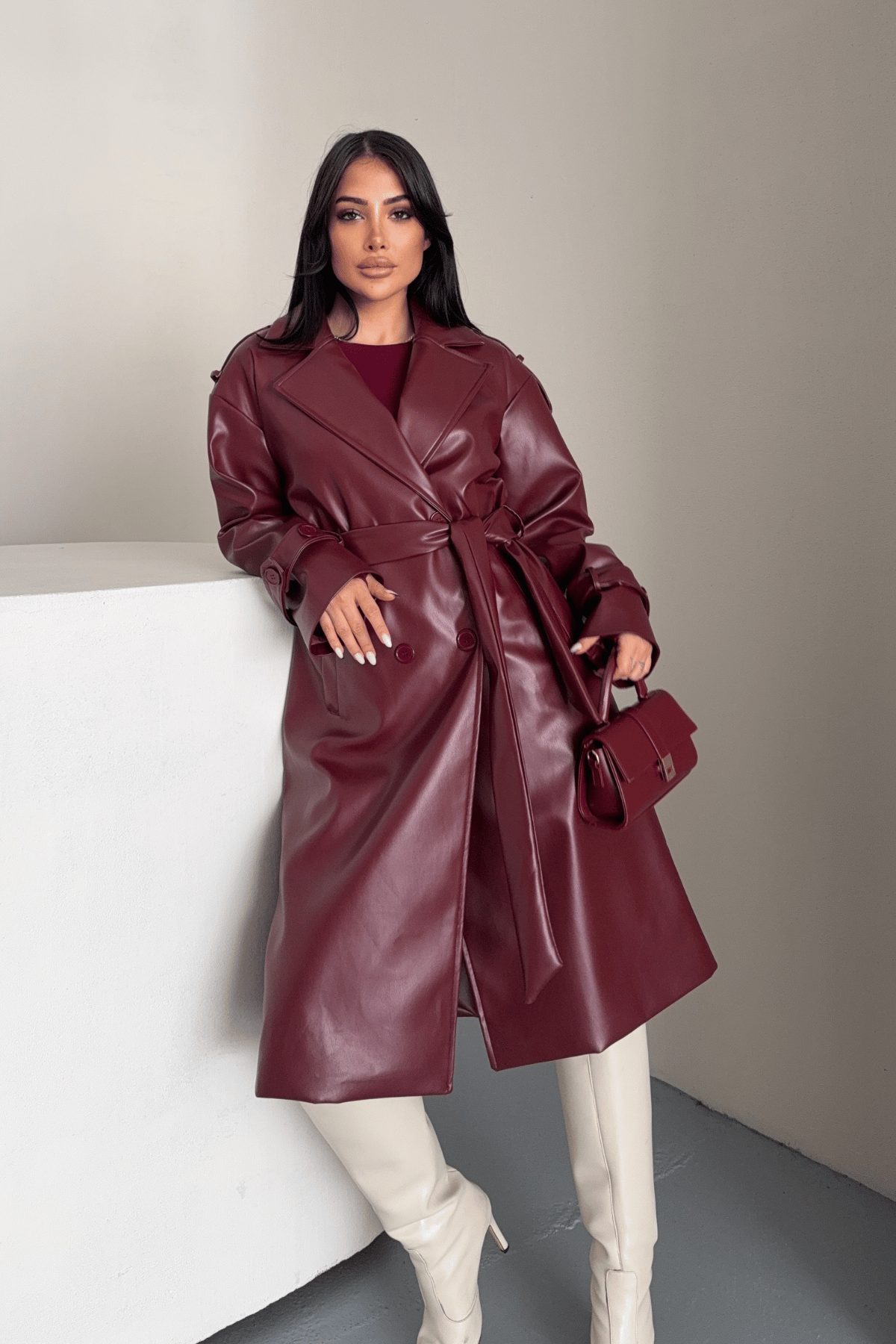 Suni Deri Kumaş Kısa Ceket - BORDO