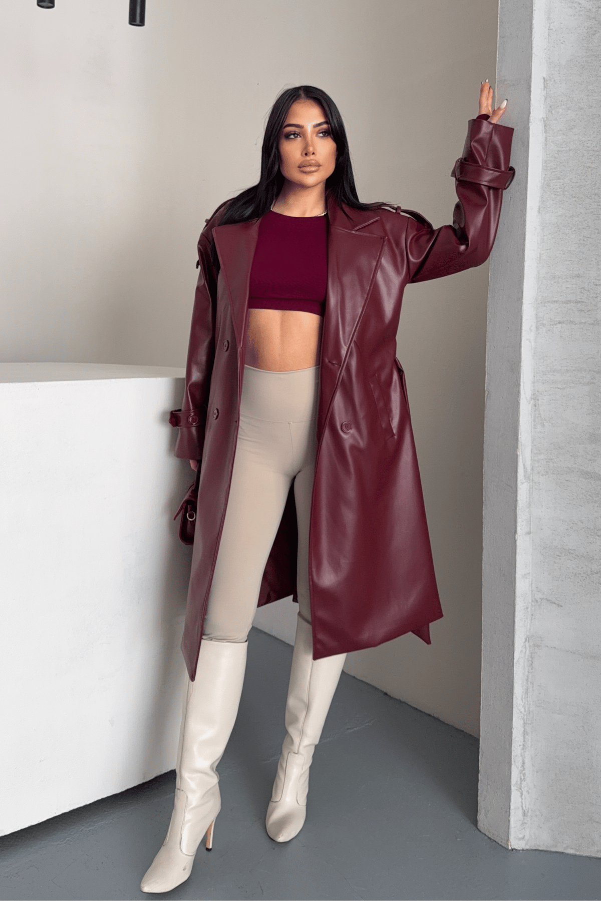 Suni Deri Kumaş Kısa Ceket - BORDO