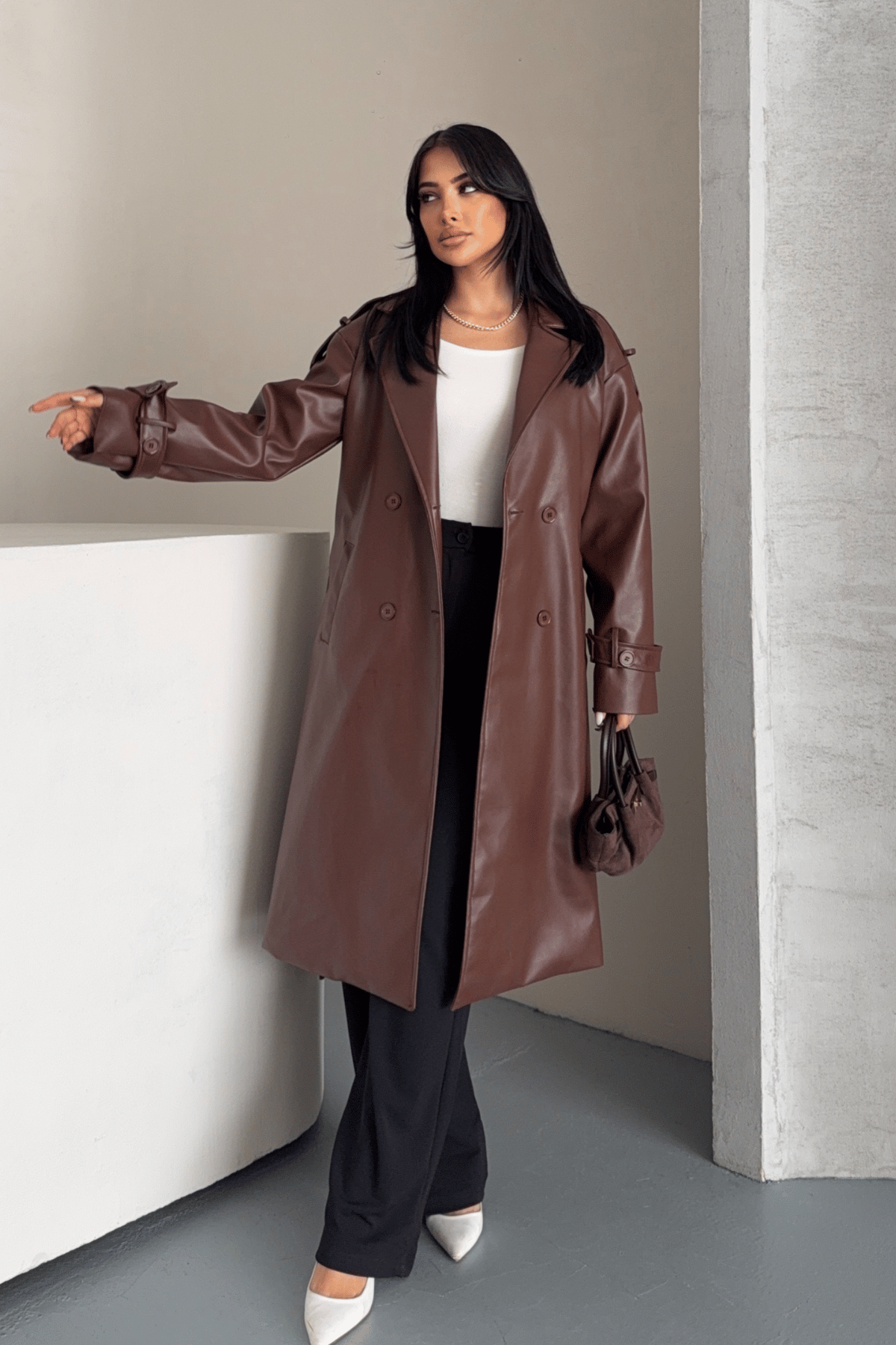 Suni Deri Kumaş Kısa Ceket - KOYU KAHVE