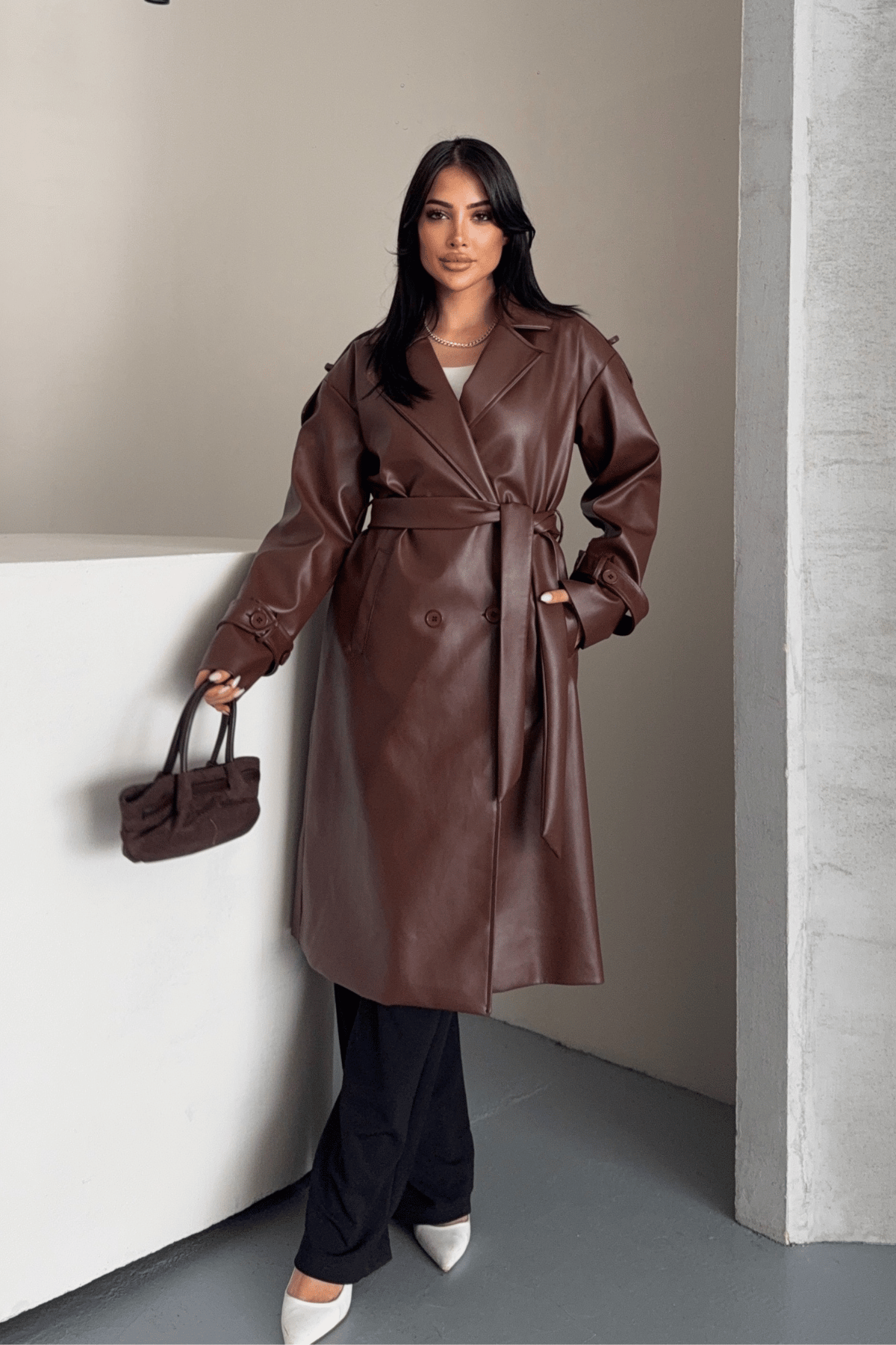 Suni Deri Kumaş Kısa Ceket - KOYU KAHVE