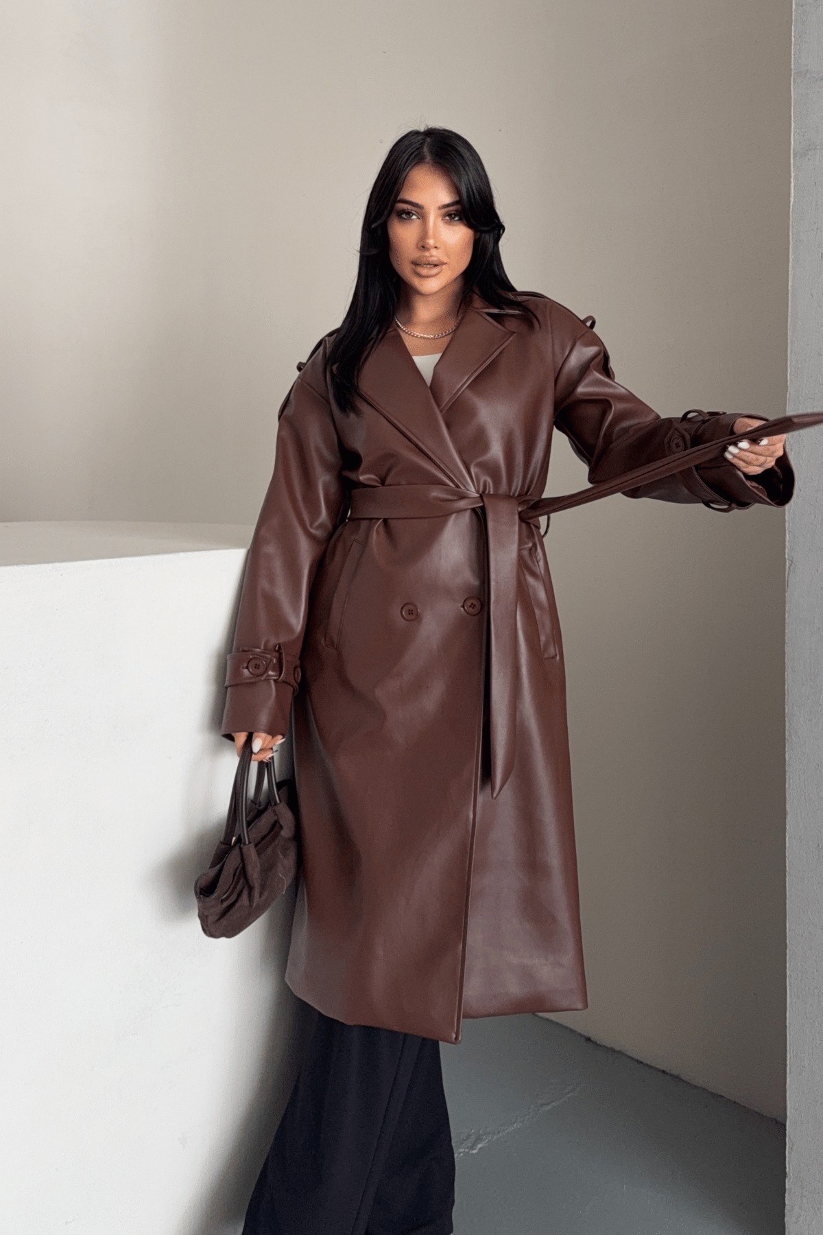 Suni Deri Kumaş Kısa Ceket - KOYU KAHVE