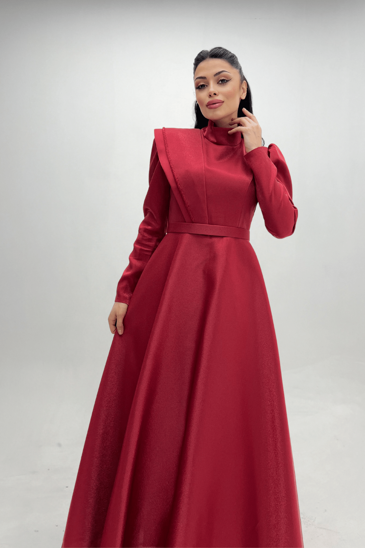 Tafta Saten Kumaş Gren Detaylı Abiye Elbise - BORDO