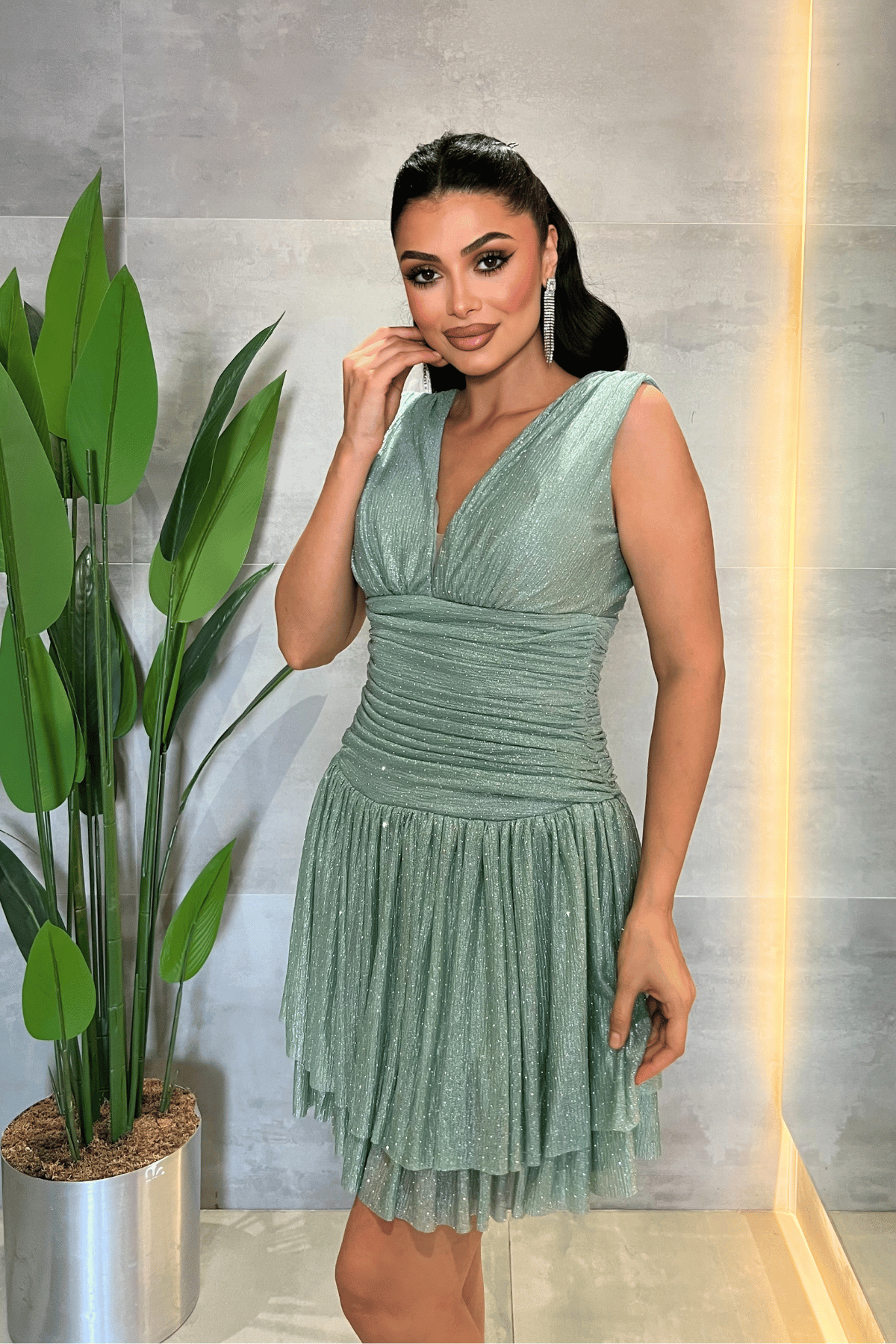 Taşlı Tül Kumaş Drape Detaylı Mini Elbise - MİNT YEŞİLİ