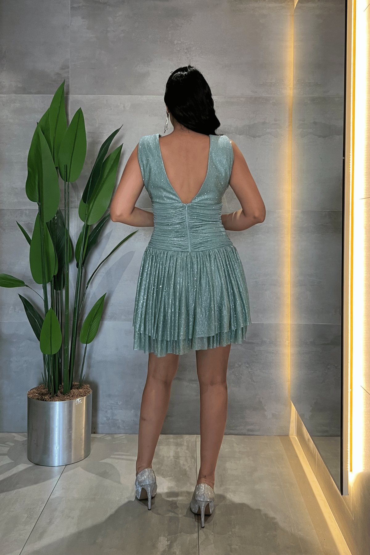 Taşlı Tül Kumaş Drape Detaylı Mini Elbise - MİNT YEŞİLİ