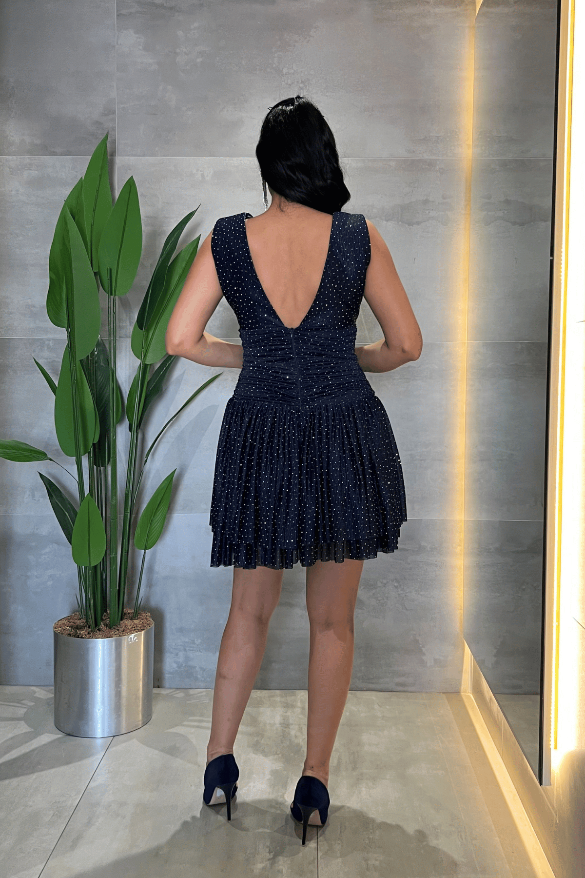 Taşlı Tül Kumaş Drape Detaylı Mini Elbise - LACİVERT