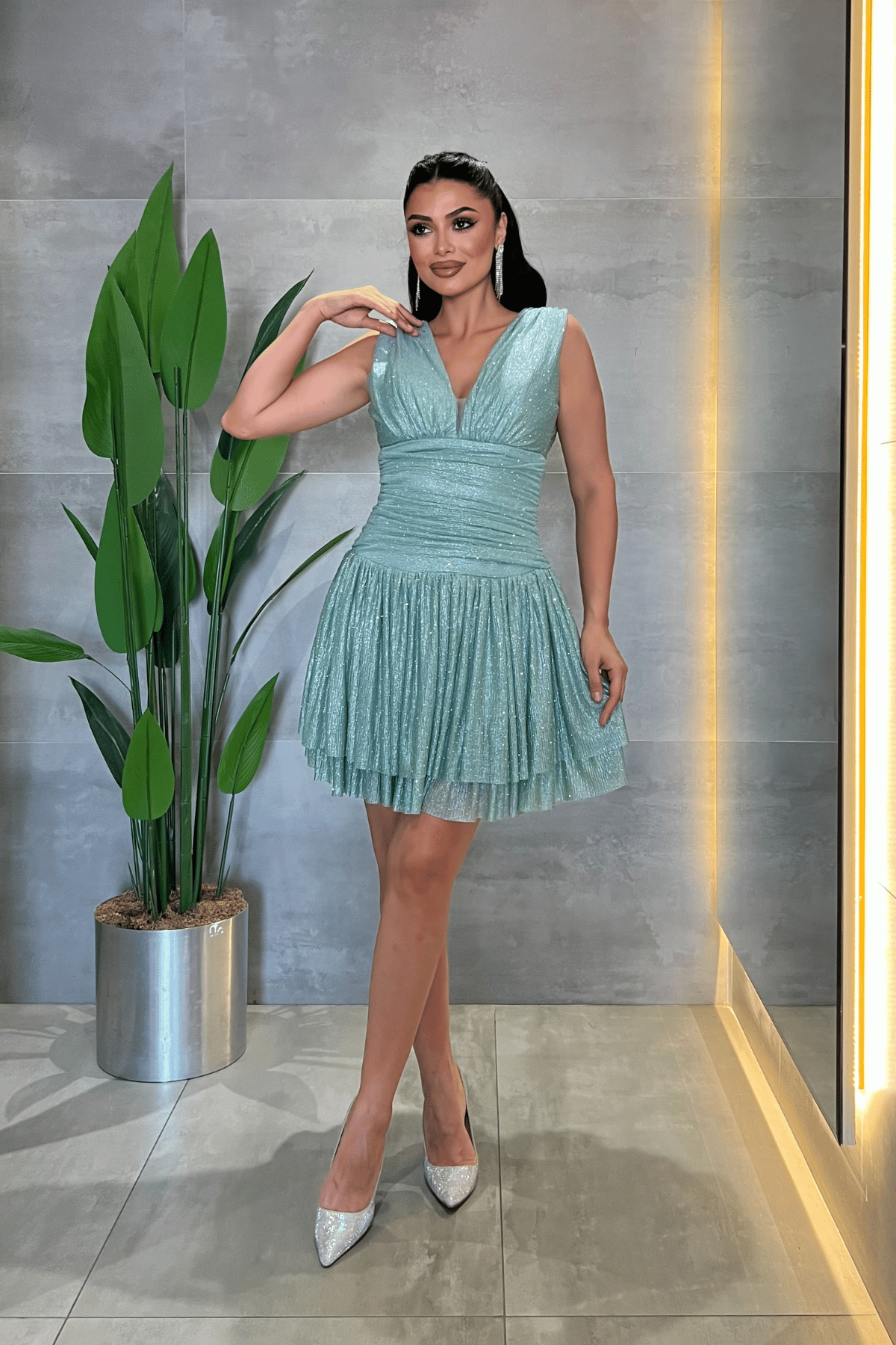 Taşlı Tül Kumaş Drape Detaylı Mini Elbise - MİNT YEŞİLİ