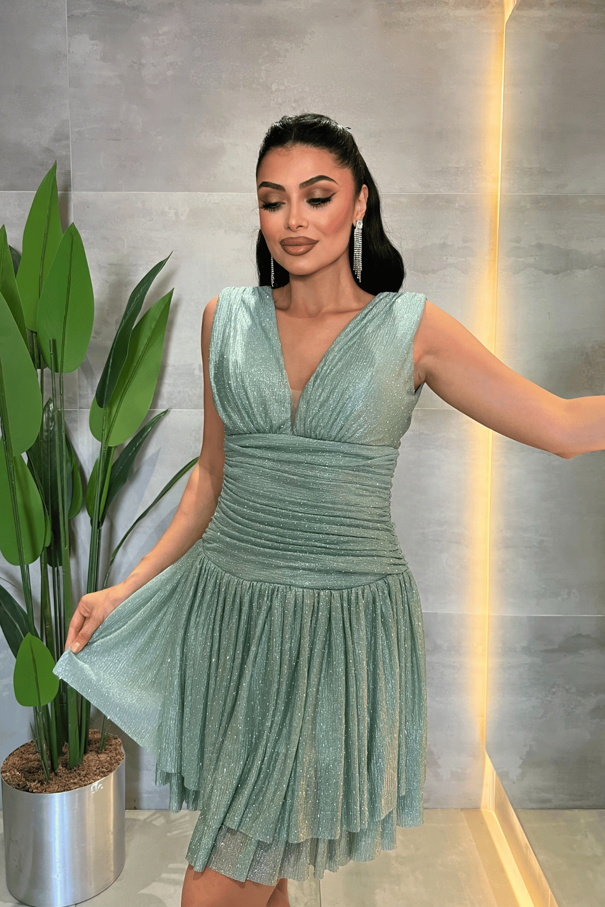 Taşlı Tül Kumaş Drape Detaylı Mini Elbise - MİNT YEŞİLİ