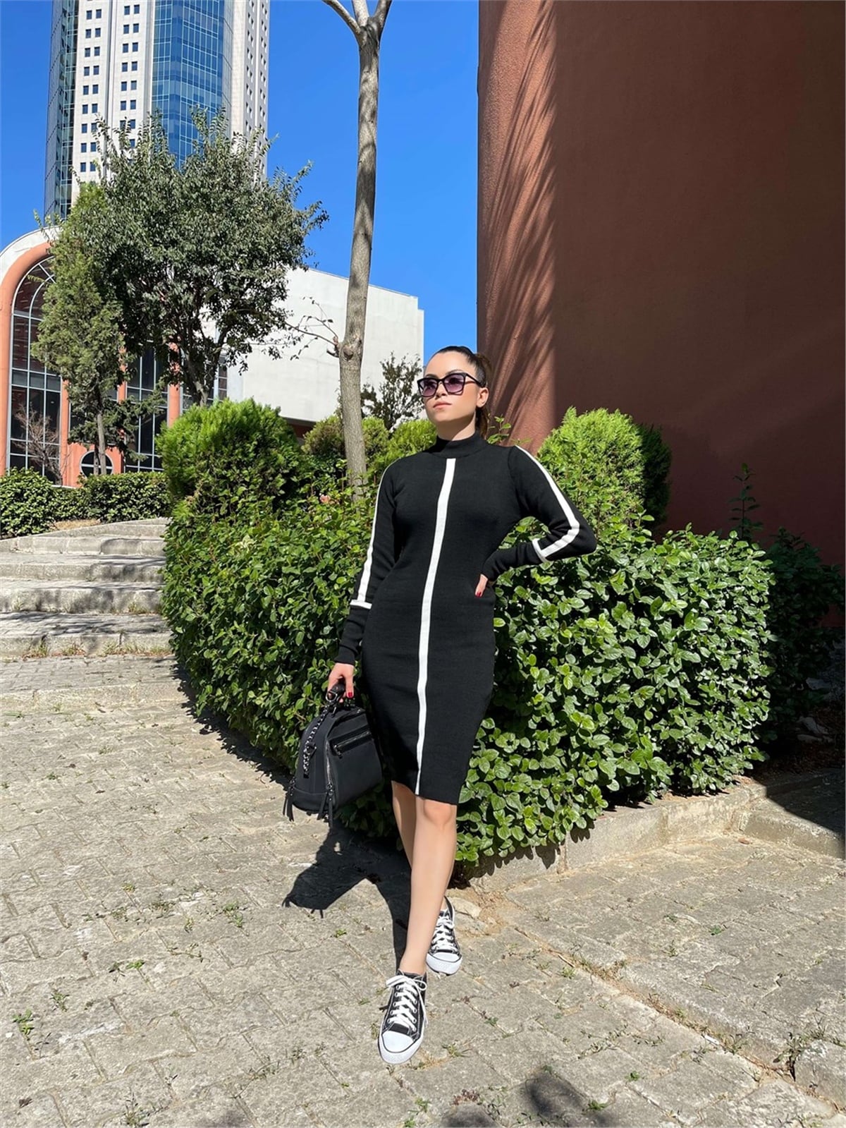 Triko Kumaş Kalem Elbise - Siyah