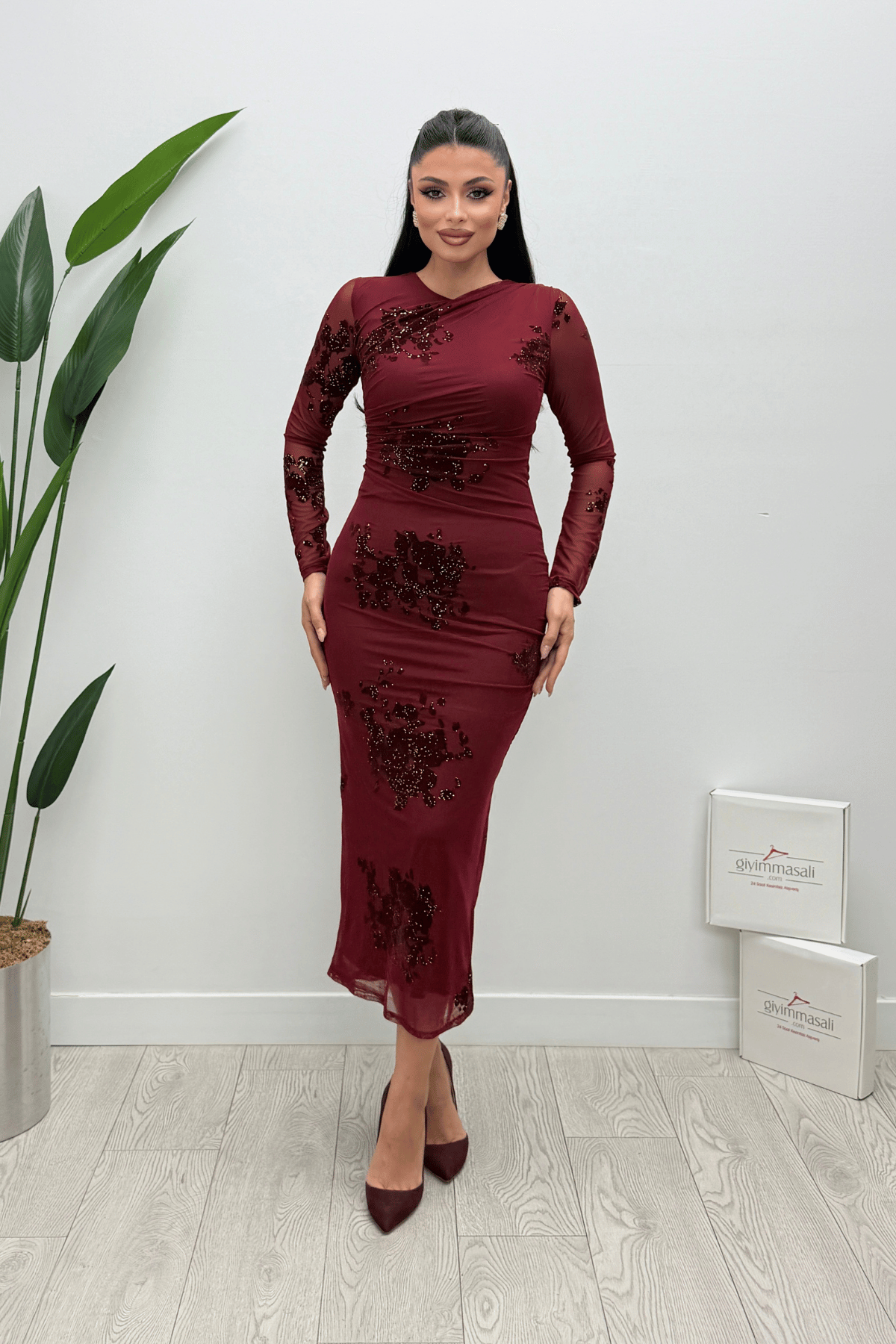 Tül Flog  Baskı Kumaş Midi Elbise - BORDO