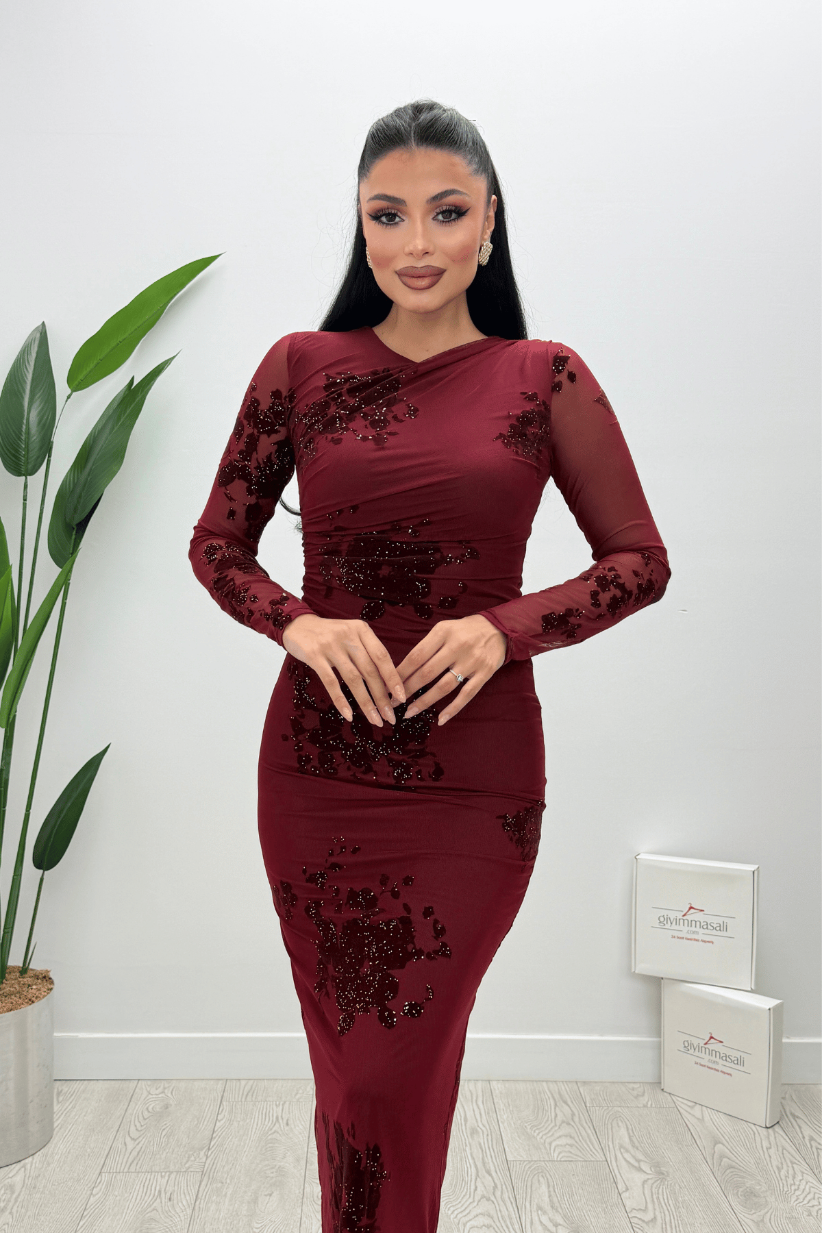 Tül Flog  Baskı Kumaş Midi Elbise - BORDO