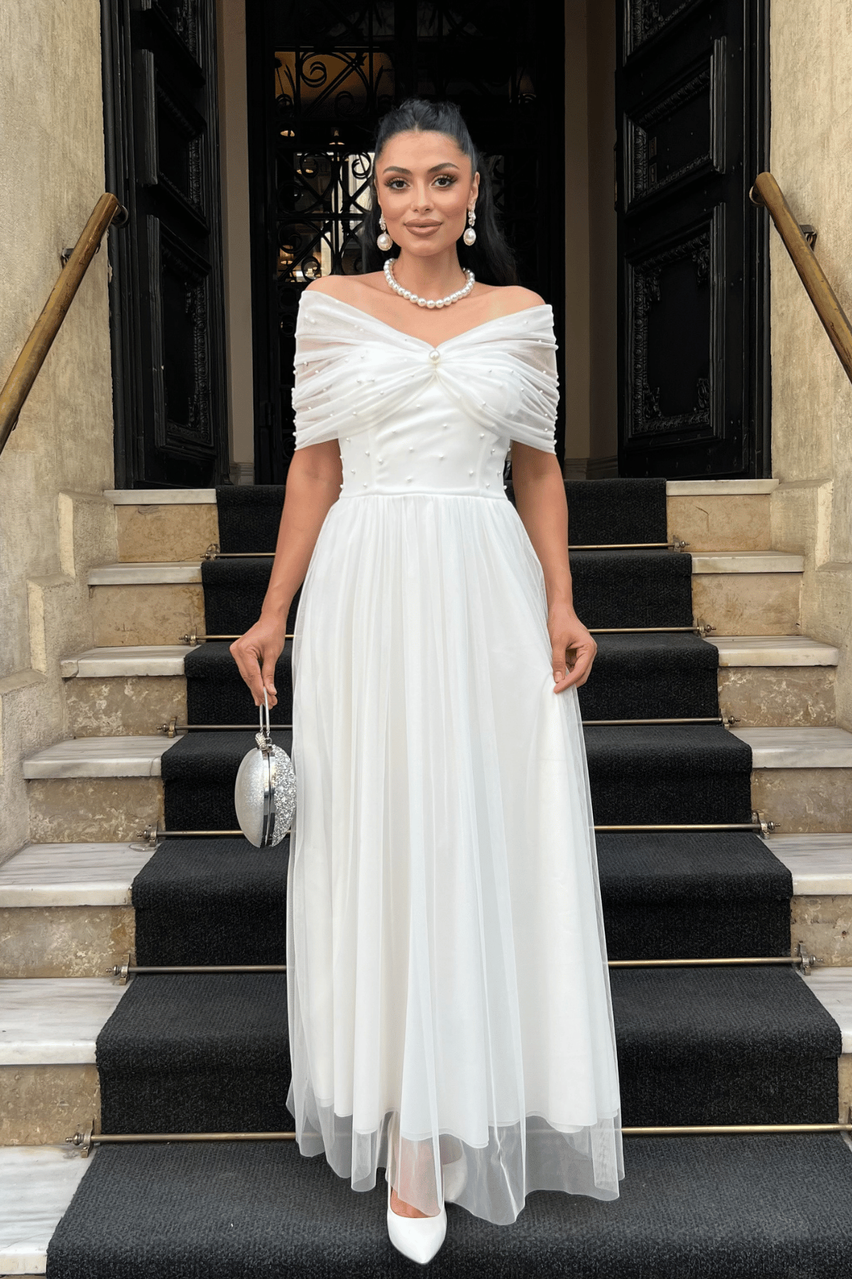 Tül Kumaş İnci Detaylı Midi Boy Elbise - BEYAZ