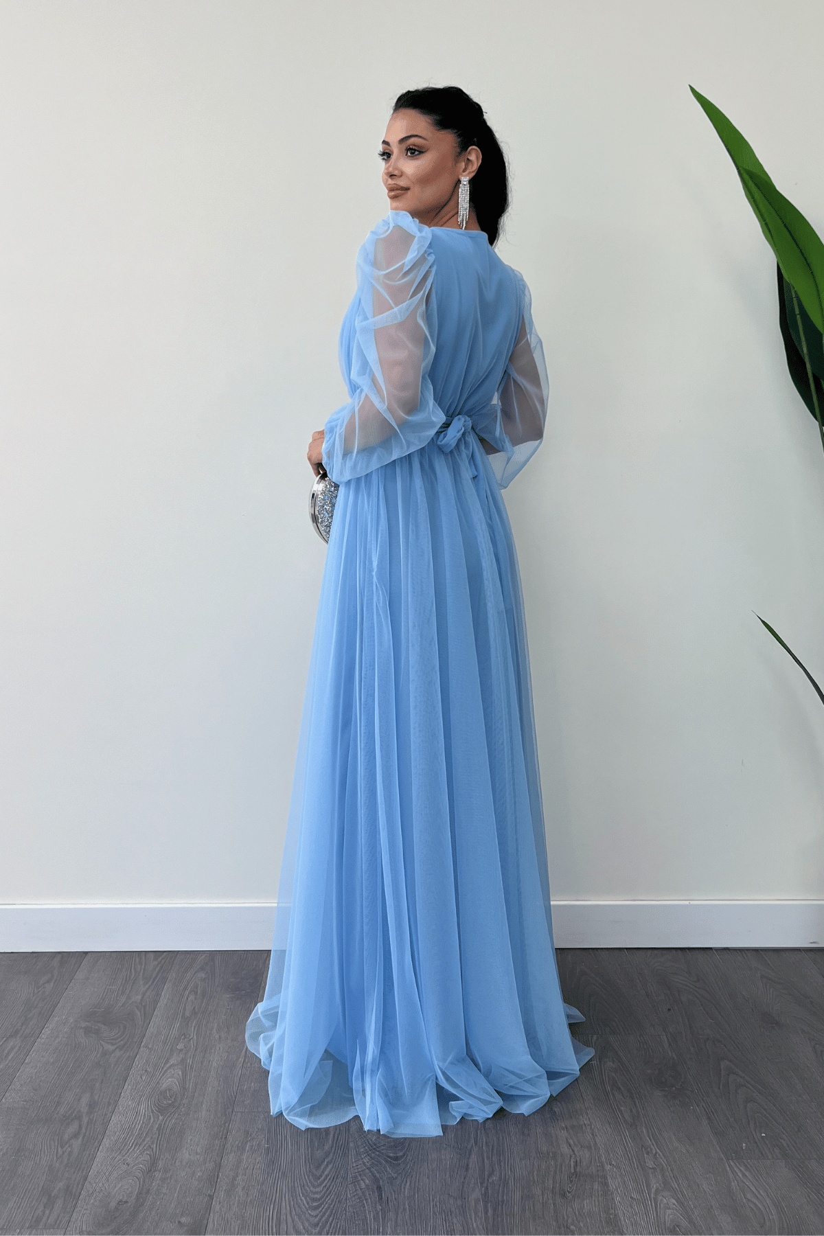 Tül Kumaş Kruvaze Yaka Maxi Elbise - BEBE MAVİSİ
