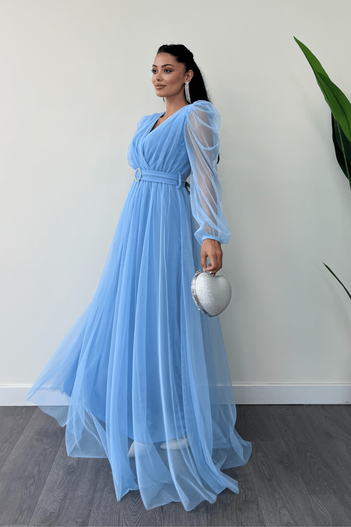 Tül Kumaş Kruvaze Yaka Maxi Elbise - BEBE MAVİSİ