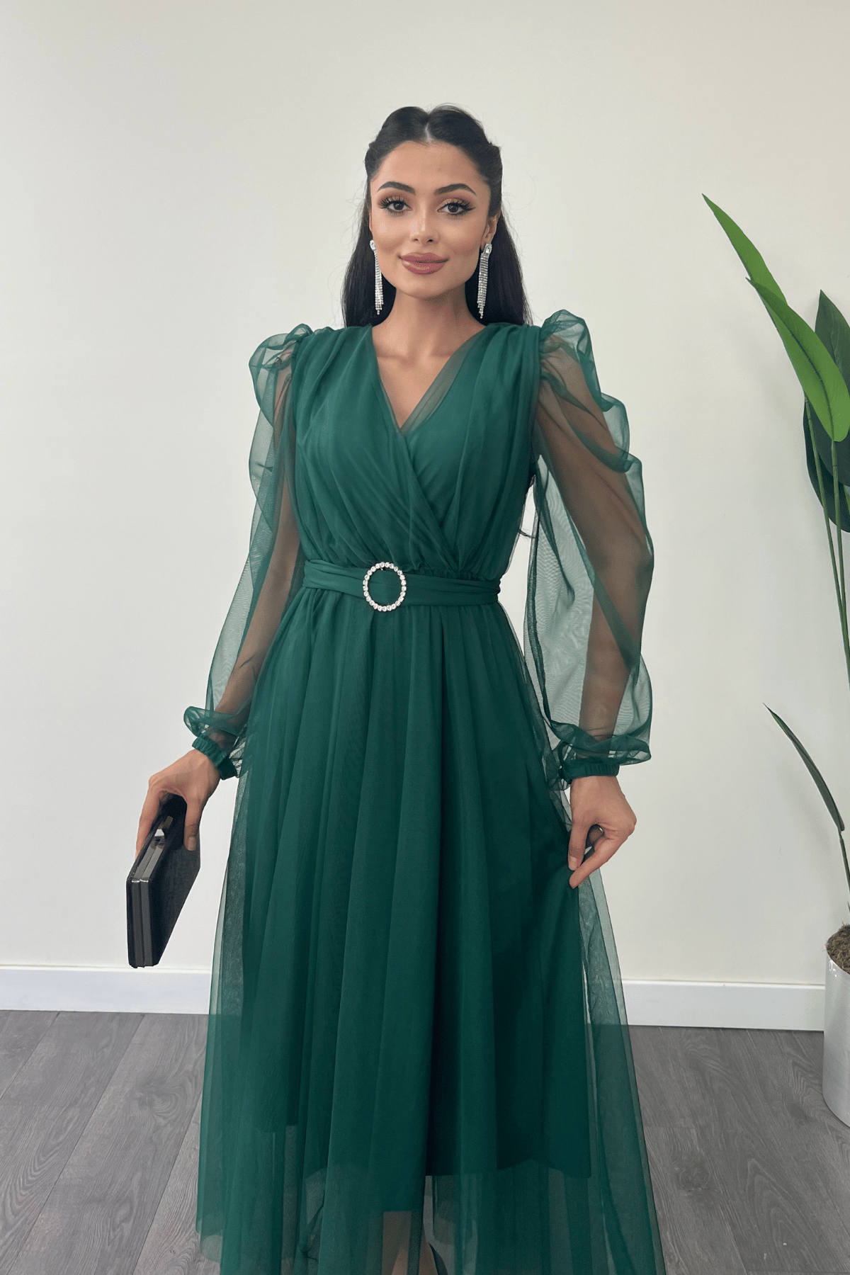 Tül Kumaş Kruvaze Yaka Taş Kemer Detaylı Elbise - ZÜMRÜT YEŞİL