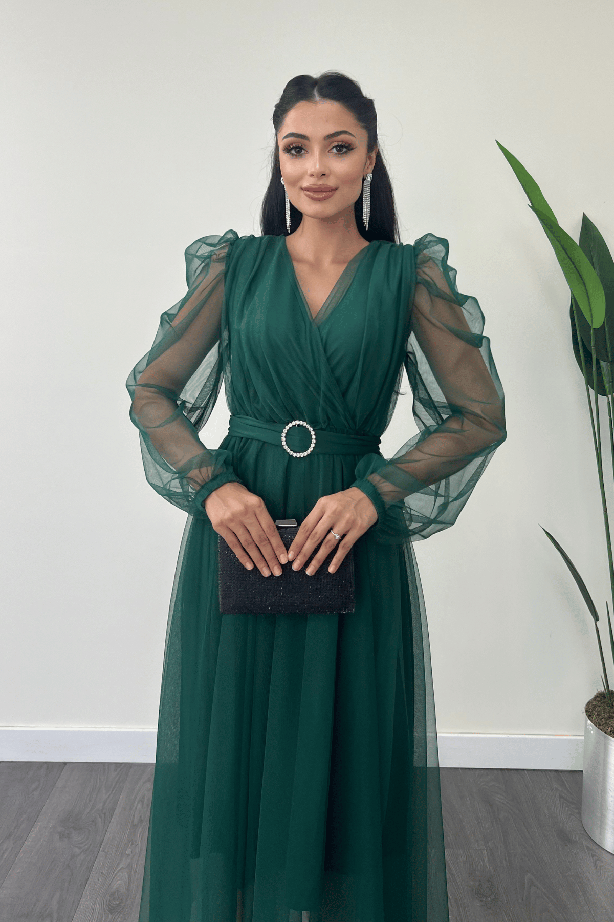 Tül Kumaş Kruvaze Yaka Taş Kemer Detaylı Elbise - ZÜMRÜT YEŞİL