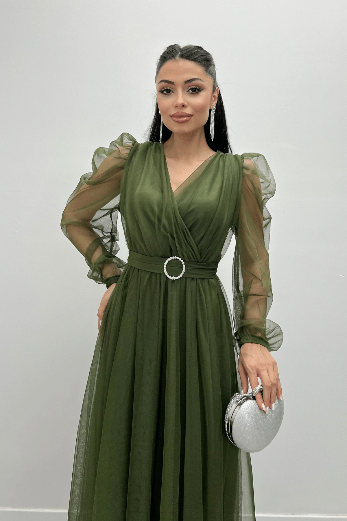 Tül Kumaş Kruvaze Yaka Taş Kemer Detaylı Elbise - HAKİ YEŞİLİ