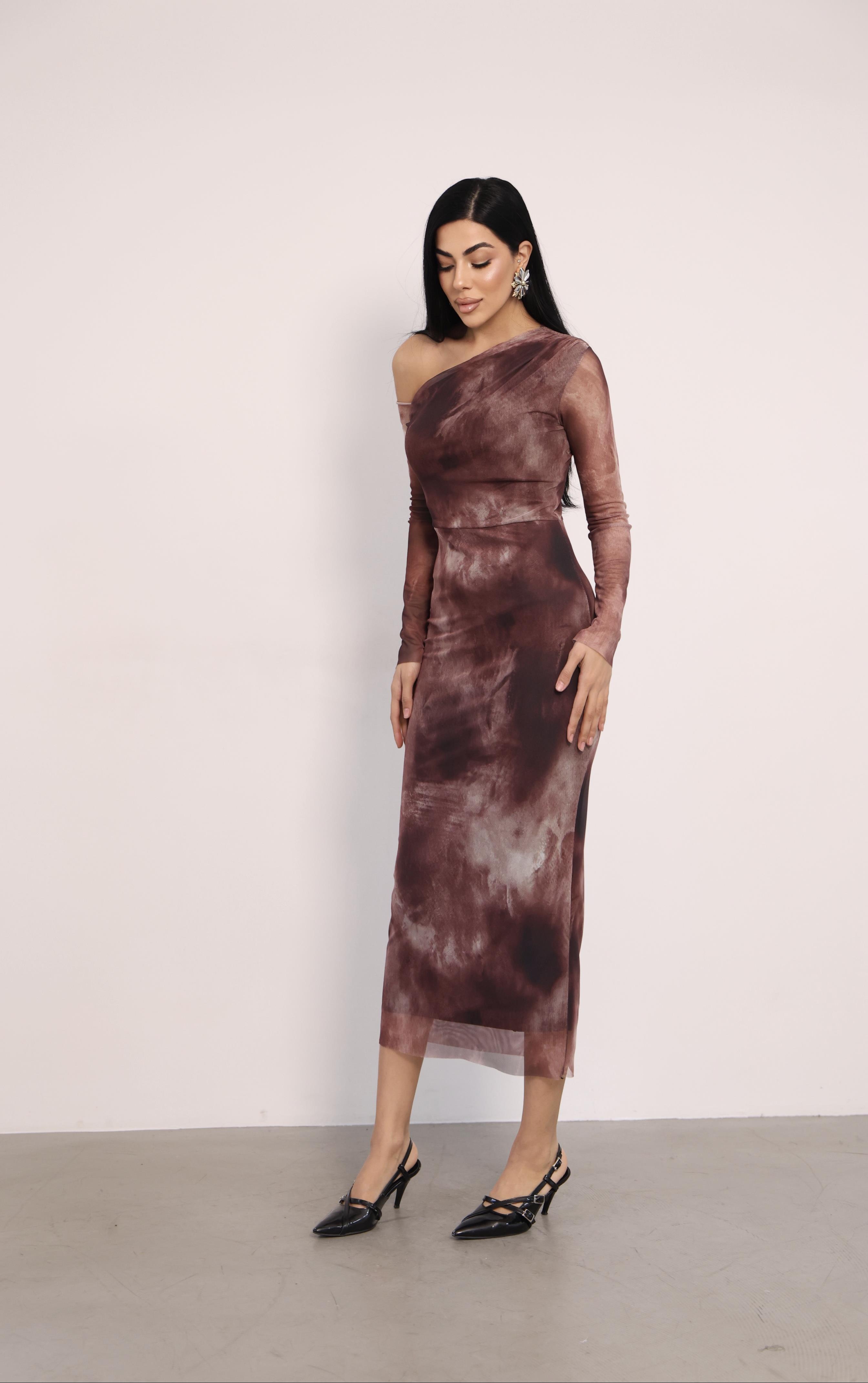 Tül Kumaş Omuz Detaylı Kalem Elbise - KAHVERENGİ