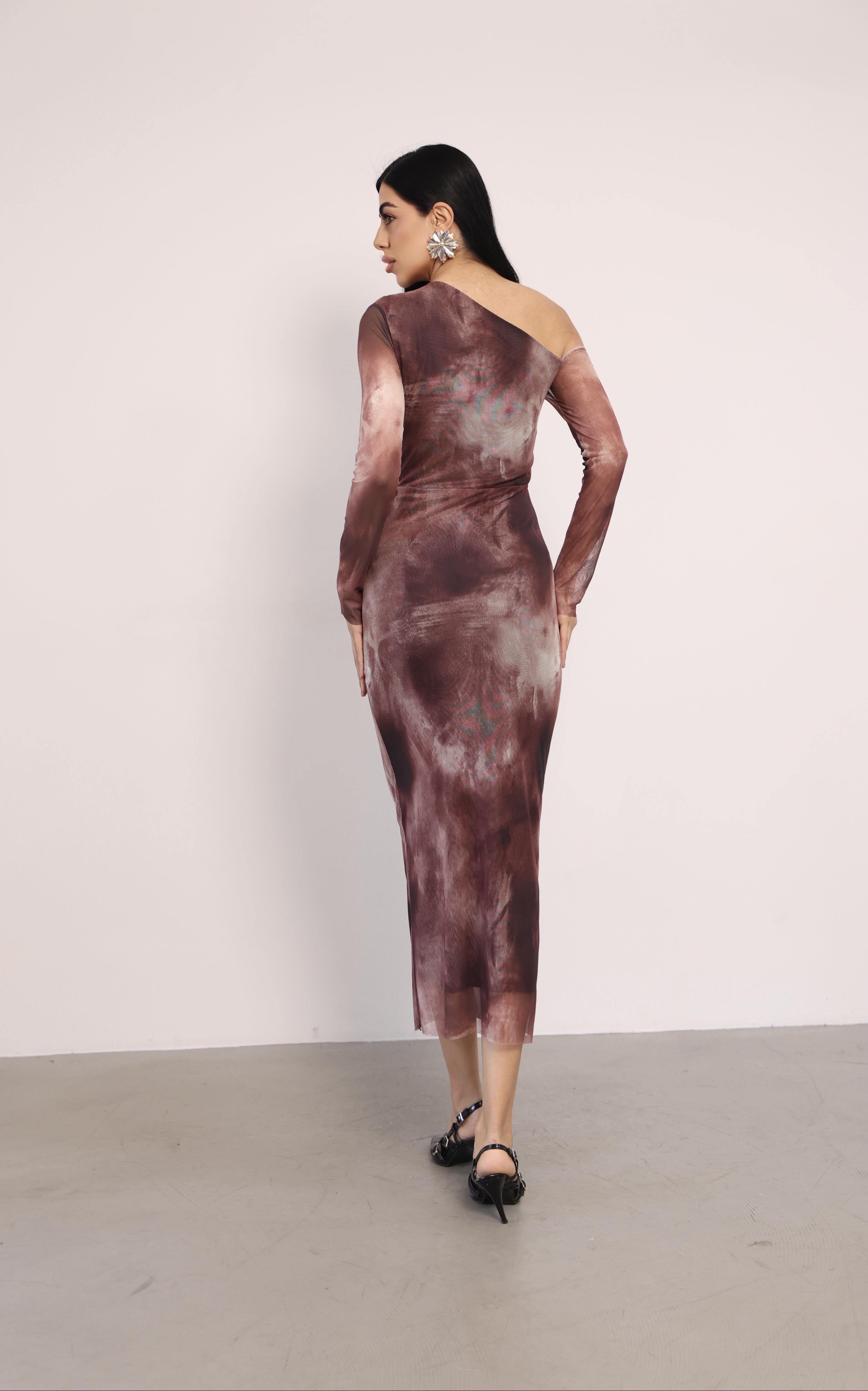 Tül Kumaş Omuz Detaylı Kalem Elbise - KAHVERENGİ