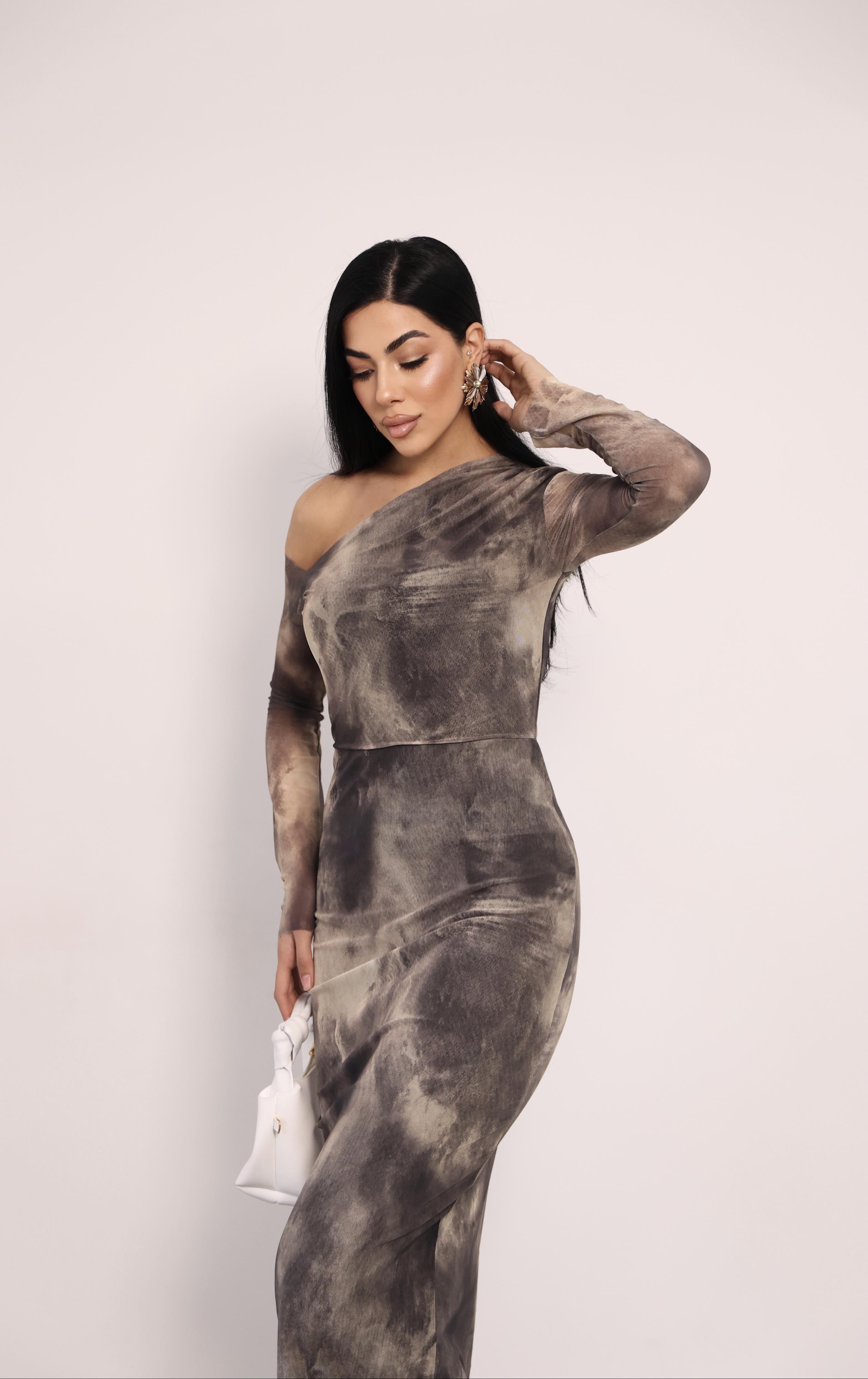 Tül Kumaş Omuz Detaylı Kalem Elbise - KREM