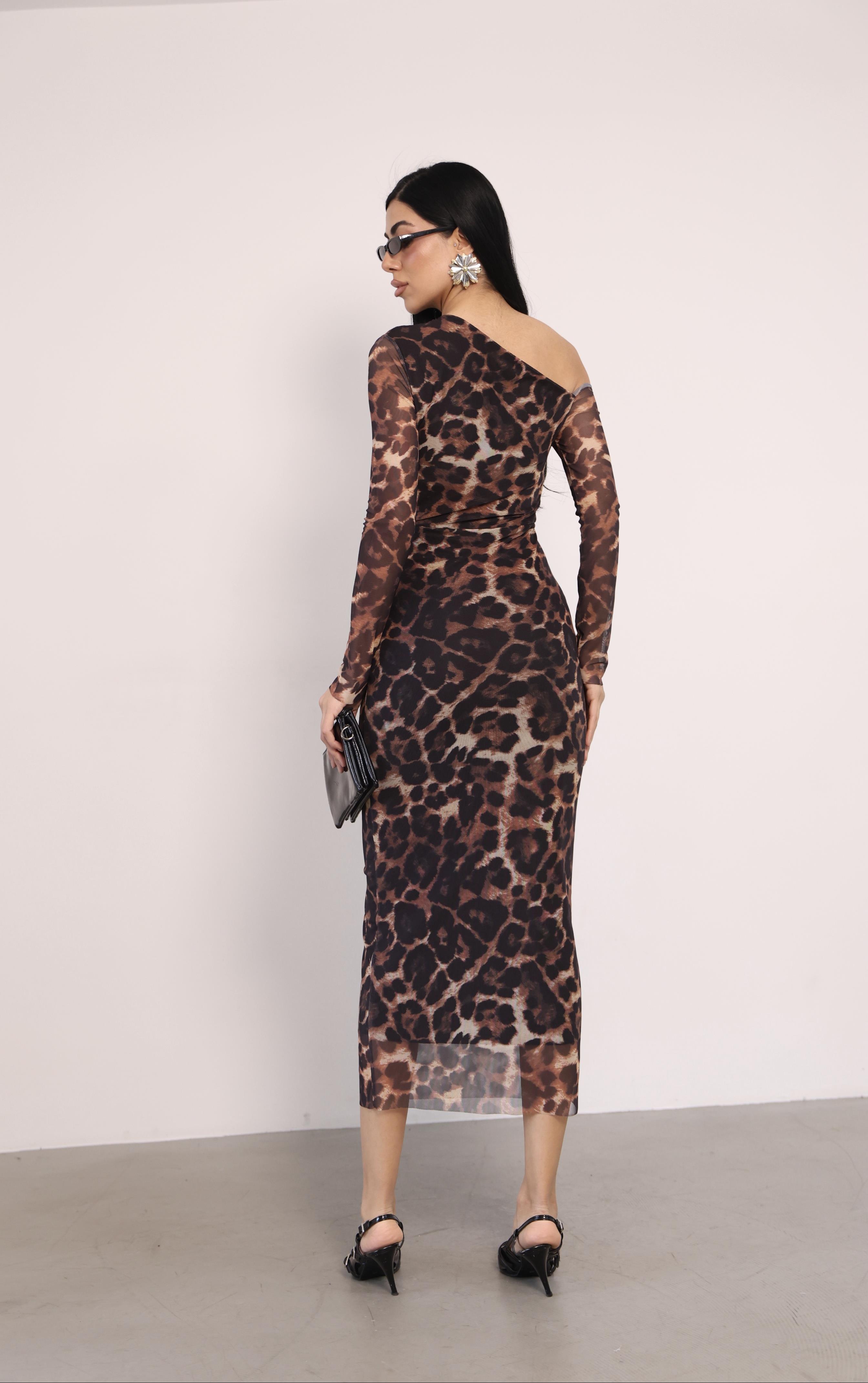 Tül Kumaş Omuz Detaylı Kalem Elbise - LEOPAR