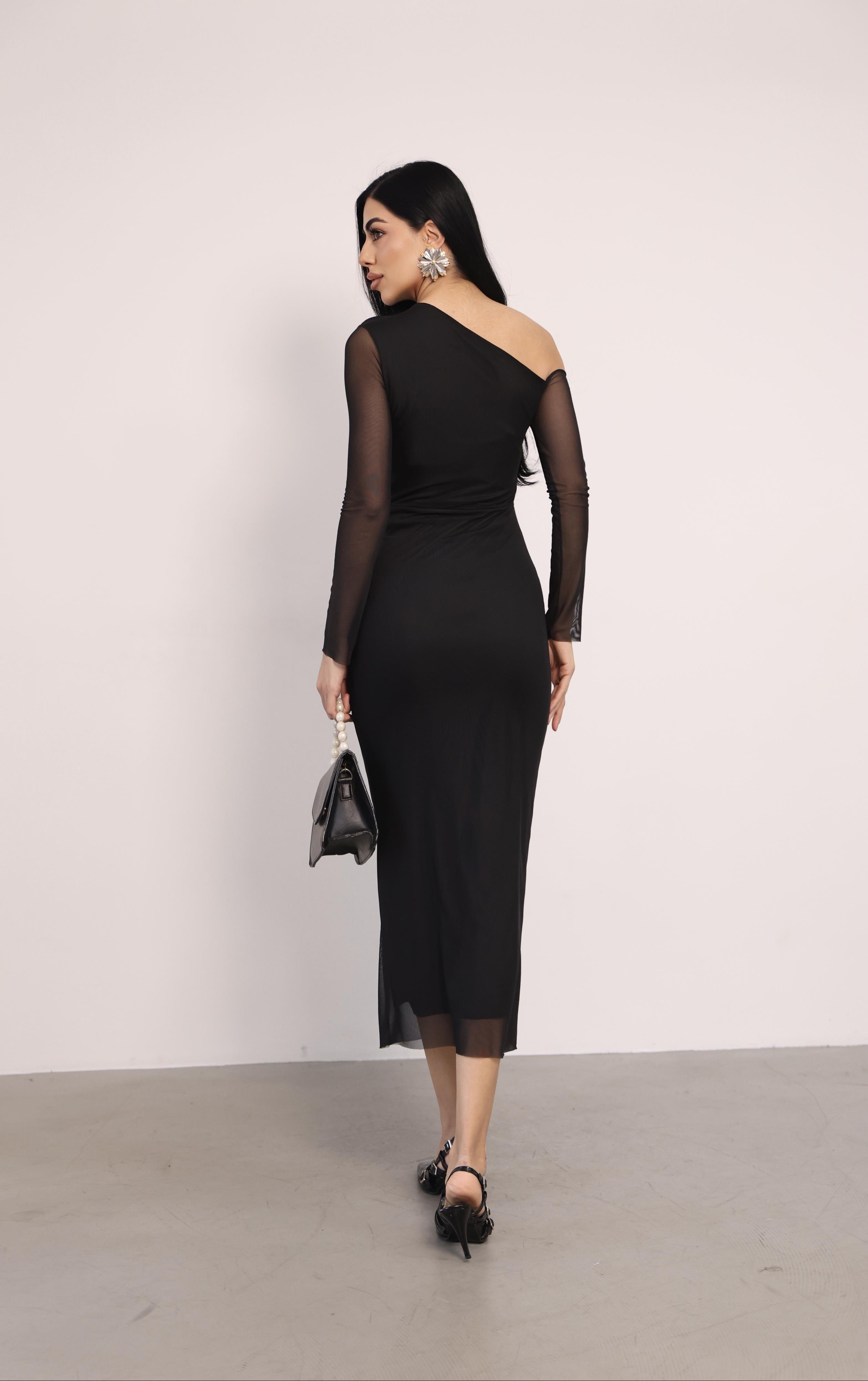 Tül Kumaş Omuz Detaylı Kalem Elbise - SİYAH