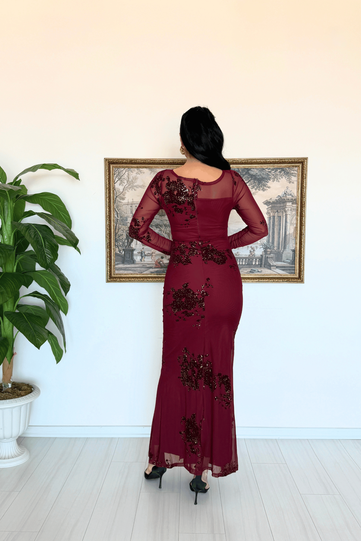 Tül Kumaş Simli Önden Bağlamalı Tasarım Elbise - BORDO