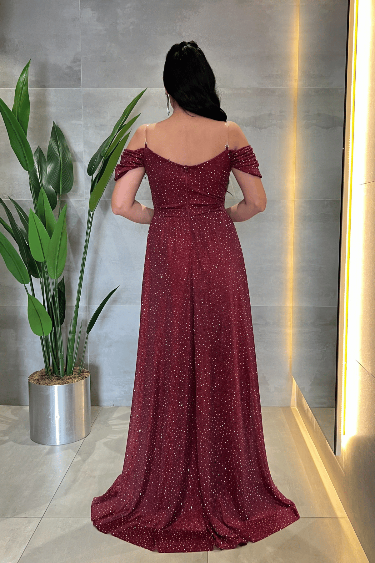 Tül Kumaş Taş Detaylı Abiye Elbise - BORDO