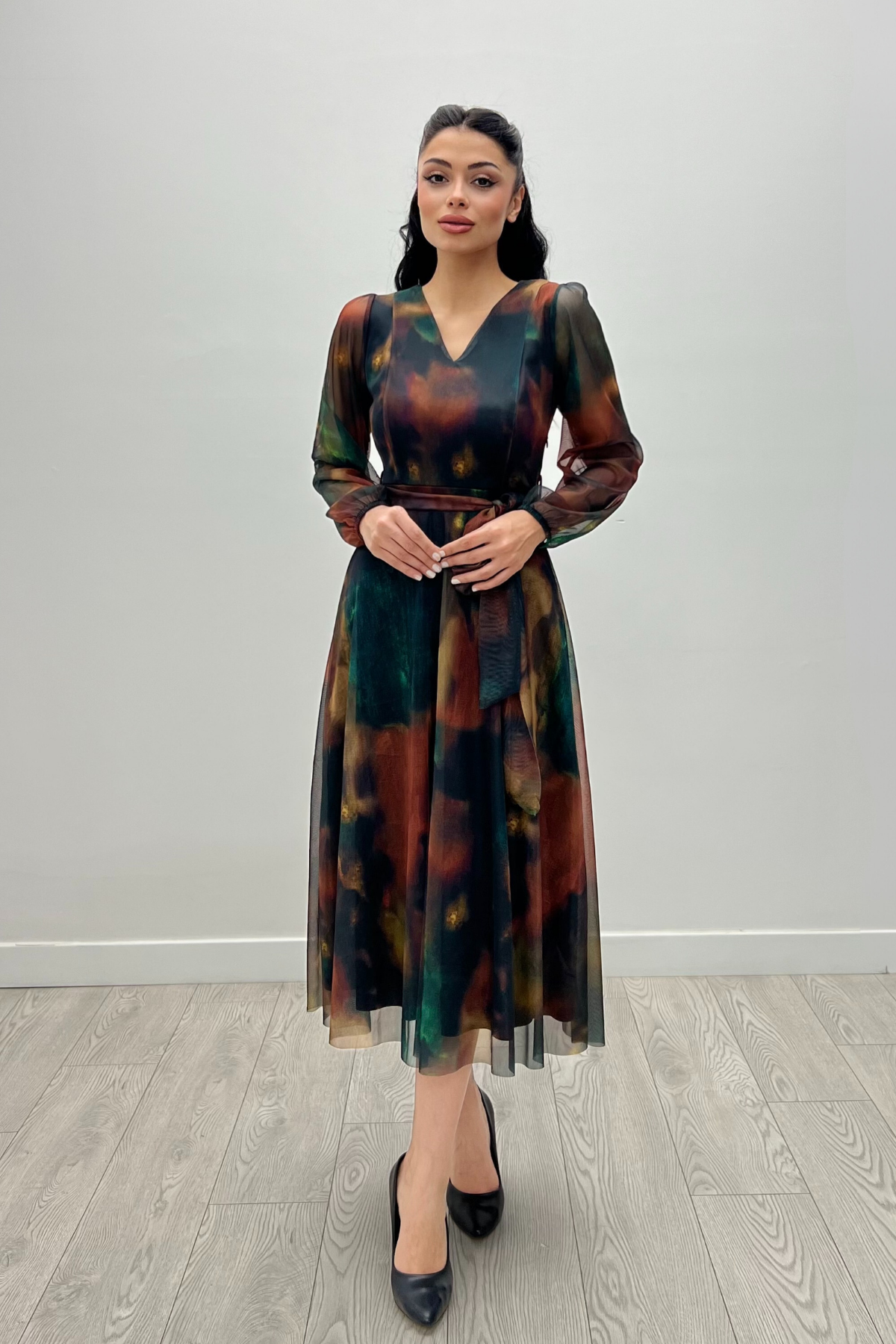 Tül Kumaş V Yaka Midi Elbise - SARI