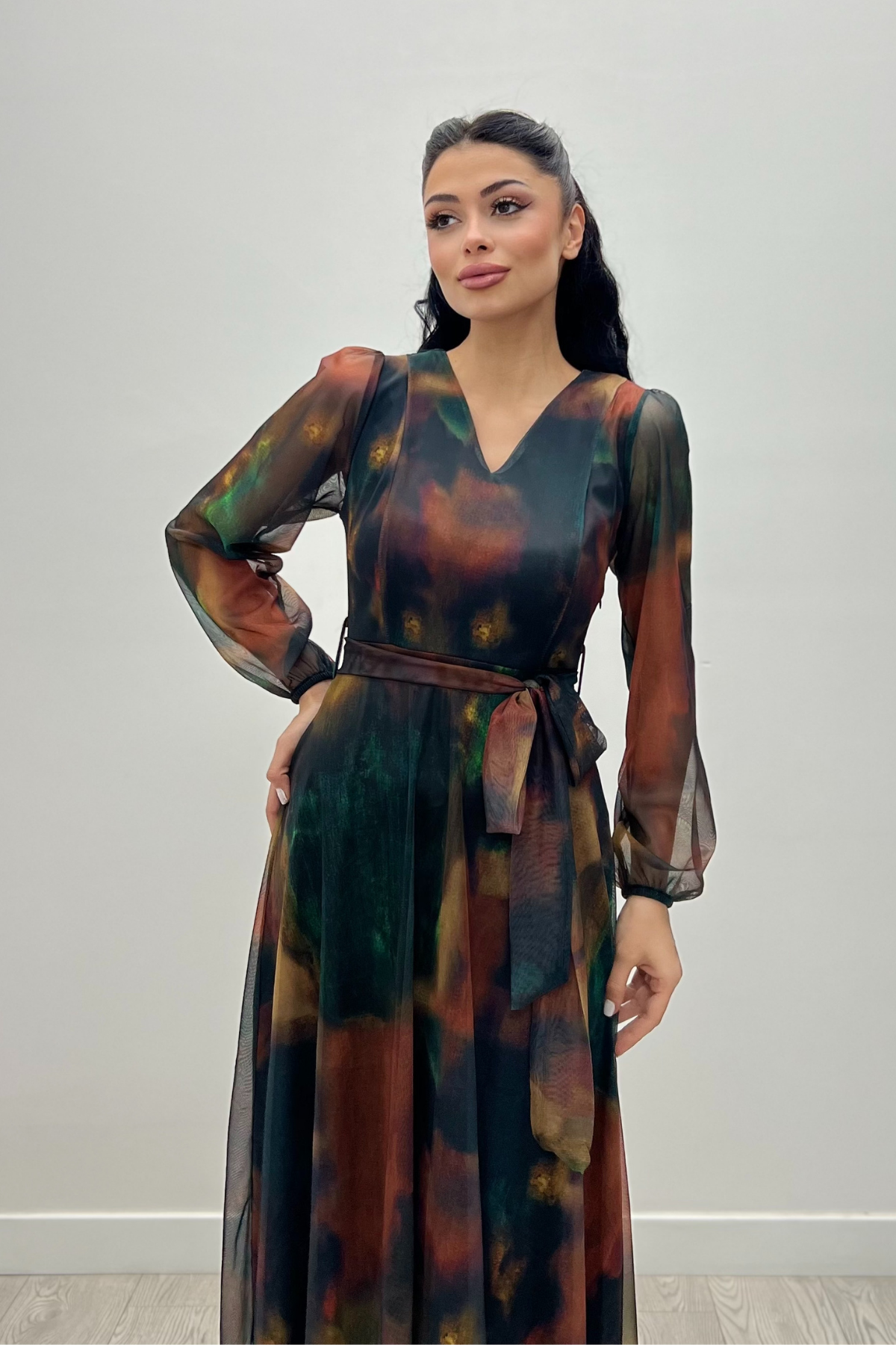 Tül Kumaş V Yaka Midi Elbise - SARI