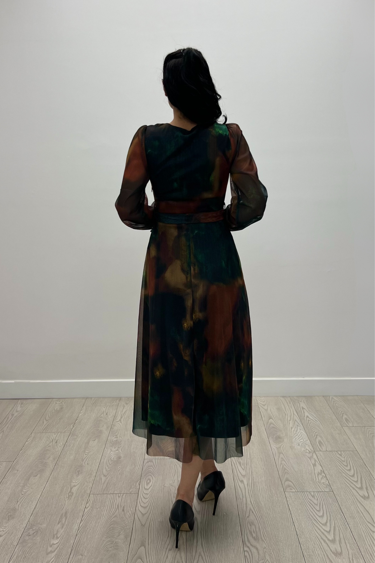 Tül Kumaş V Yaka Midi Elbise - SARI