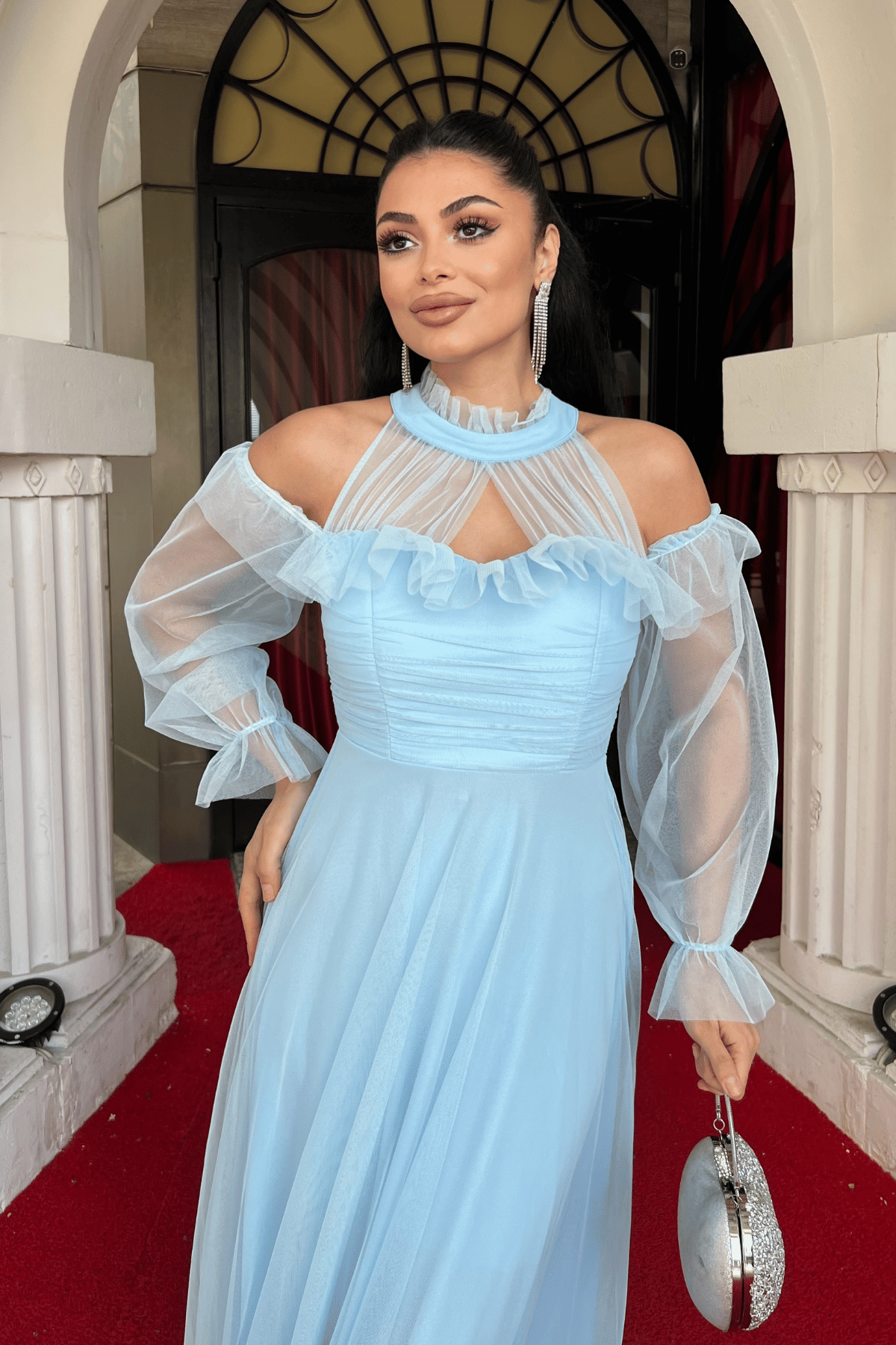 Tül Kumaş Volan Detaylı Tasarım Elbise - BEBE MAVİSİ