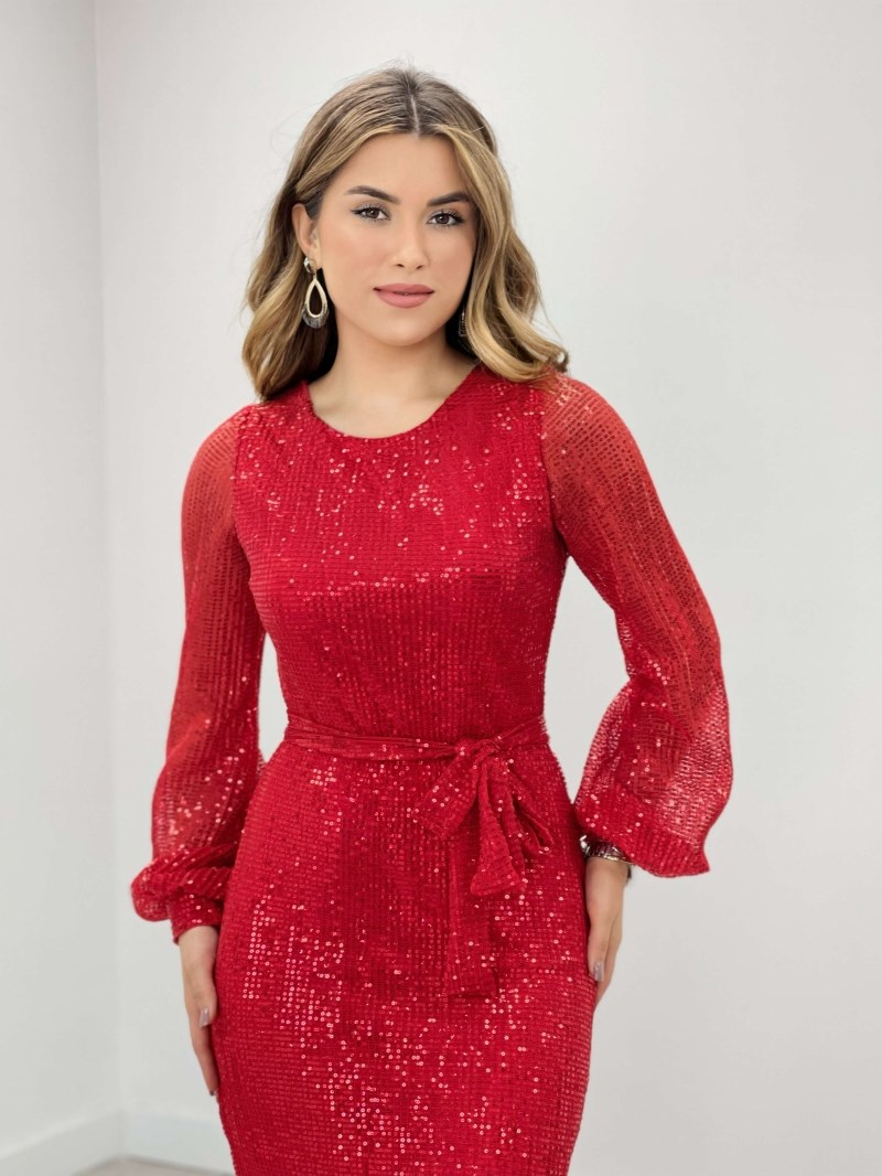 Pleated Sequin Design Dress - Red
