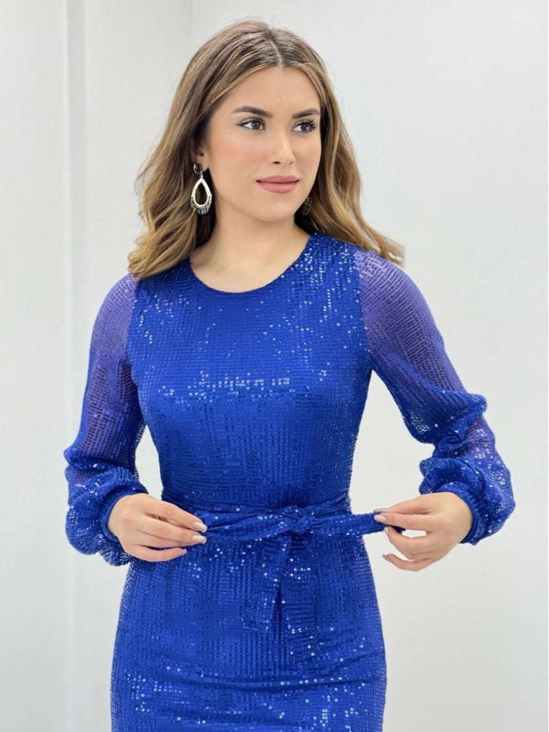 Pleated Sequin Design Dress - Sax Blue